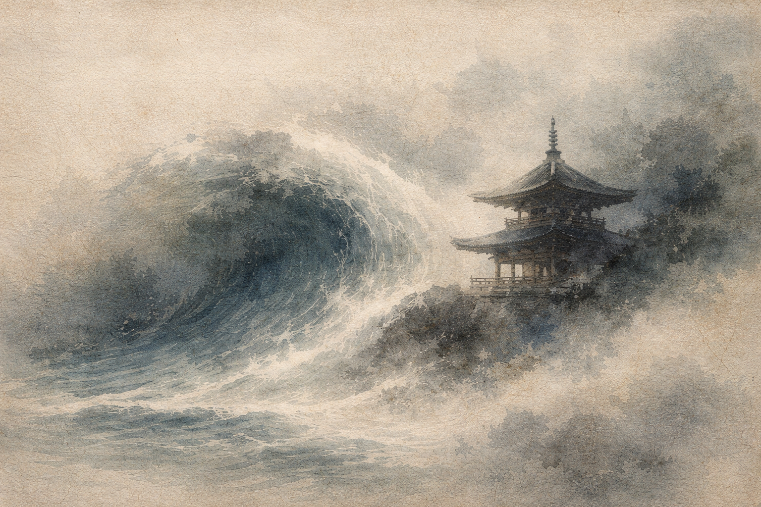 Powerful ocean wave rising beside a distant pagoda, symbolizing how Emperor Ashoka helped spread Buddhism across Asia and transform its historical influence.