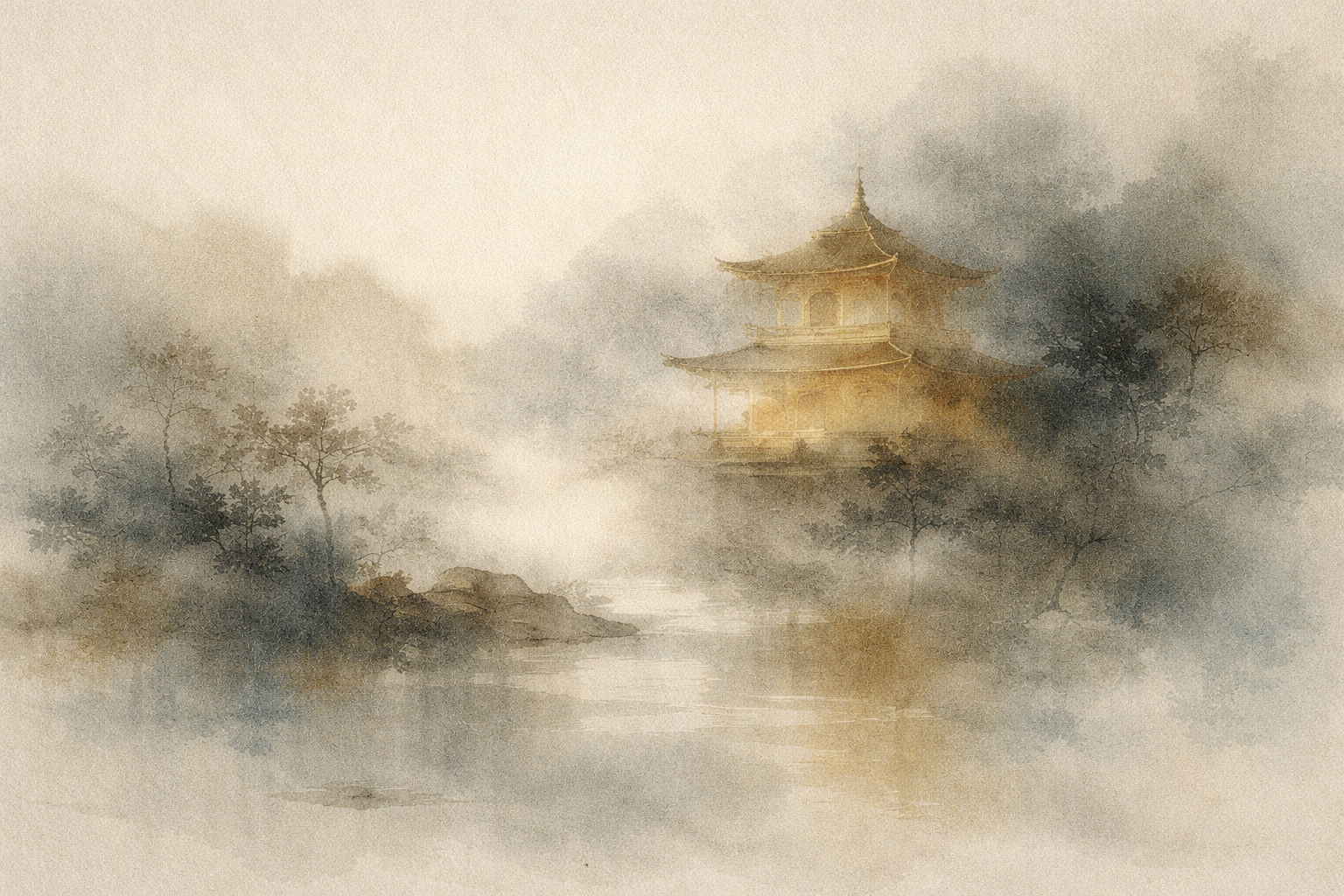 Golden temple pavilion glowing through mist above a quiet lake, symbolizing how Buddhism shaped Japan’s culture, art, and spiritual traditions.