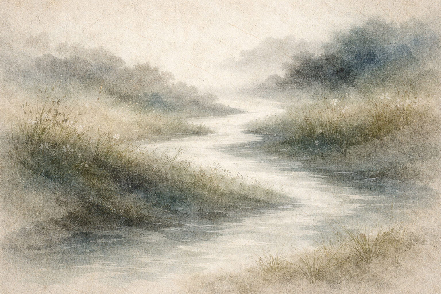 A quiet river winding through a misty landscape, symbolizing the gradual spread of Buddhism along the Silk Road as ideas and teachings traveled across distant lands.