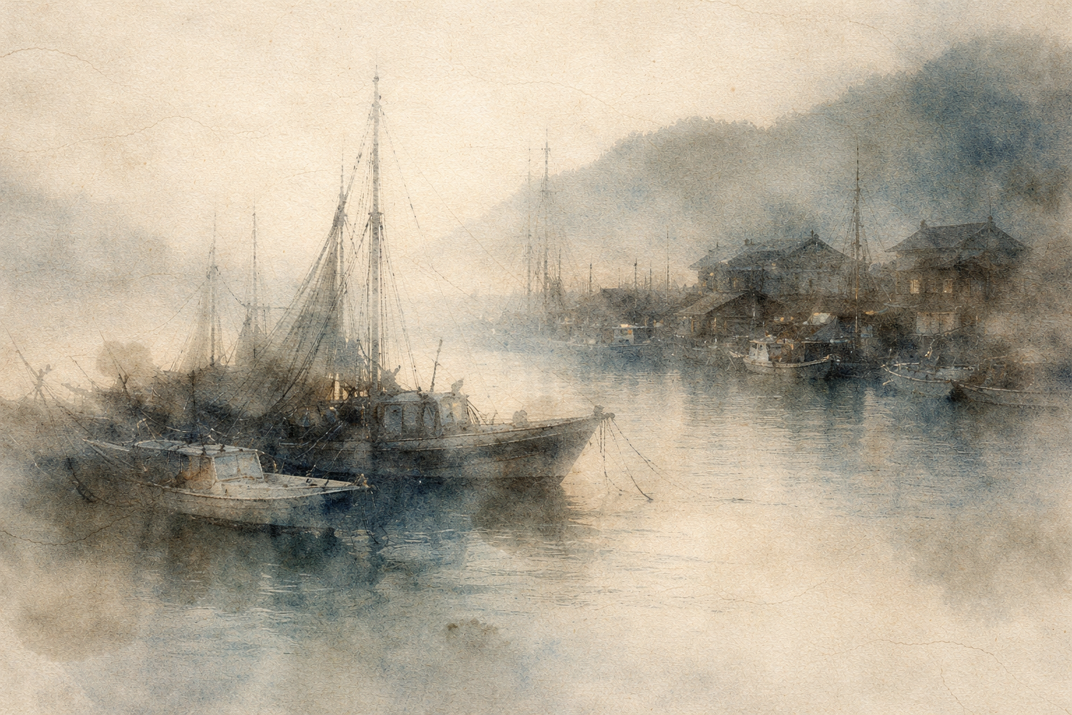 Harbor with boats and distant coastal town in soft mist, symbolizing how Buddhism spread to the West through travel, cultural exchange, and global connections.