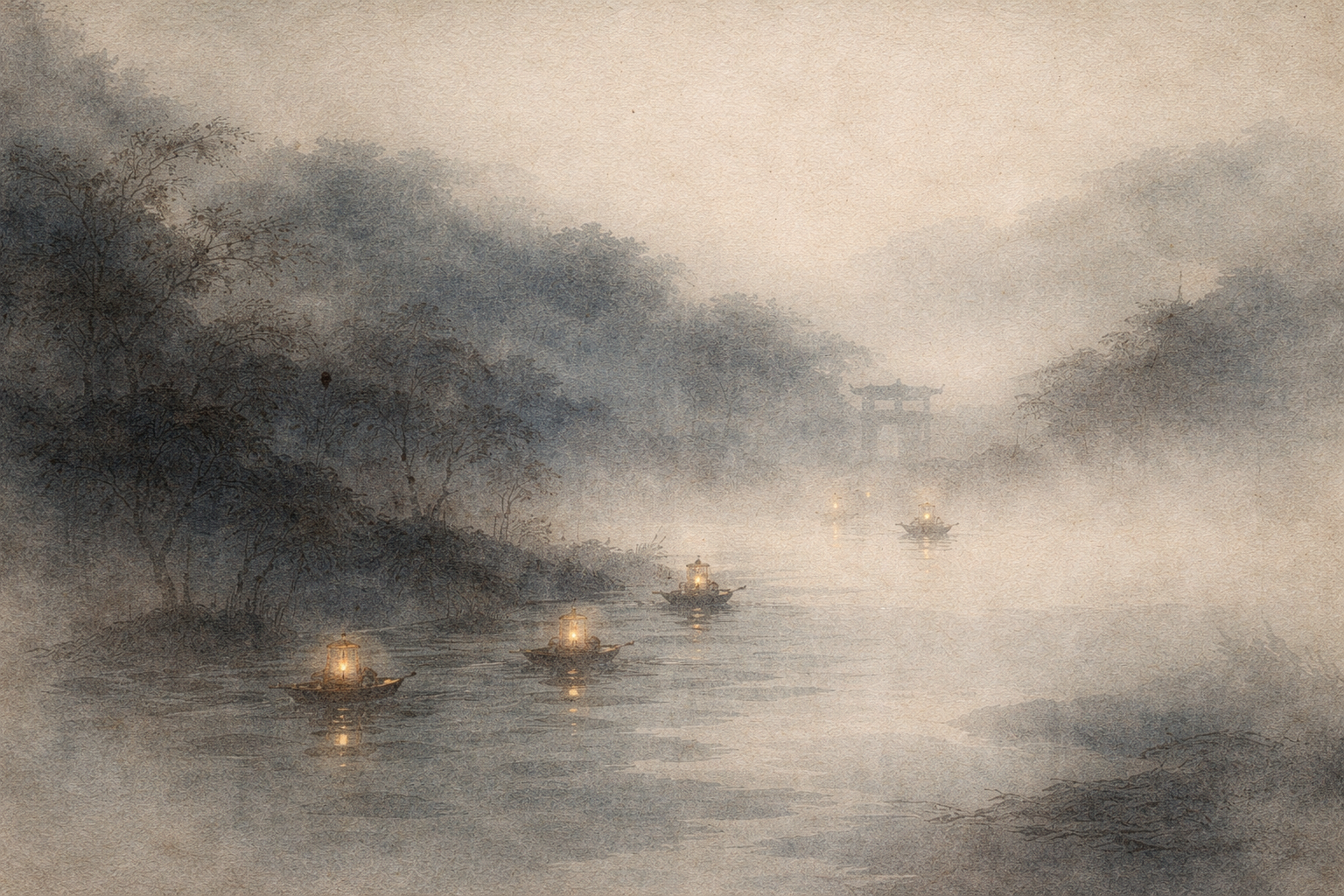 A misty city skyline with lights reflecting on a river, symbolizing the arrival of Buddhism in China and its gradual integration into Chinese civilization and culture.