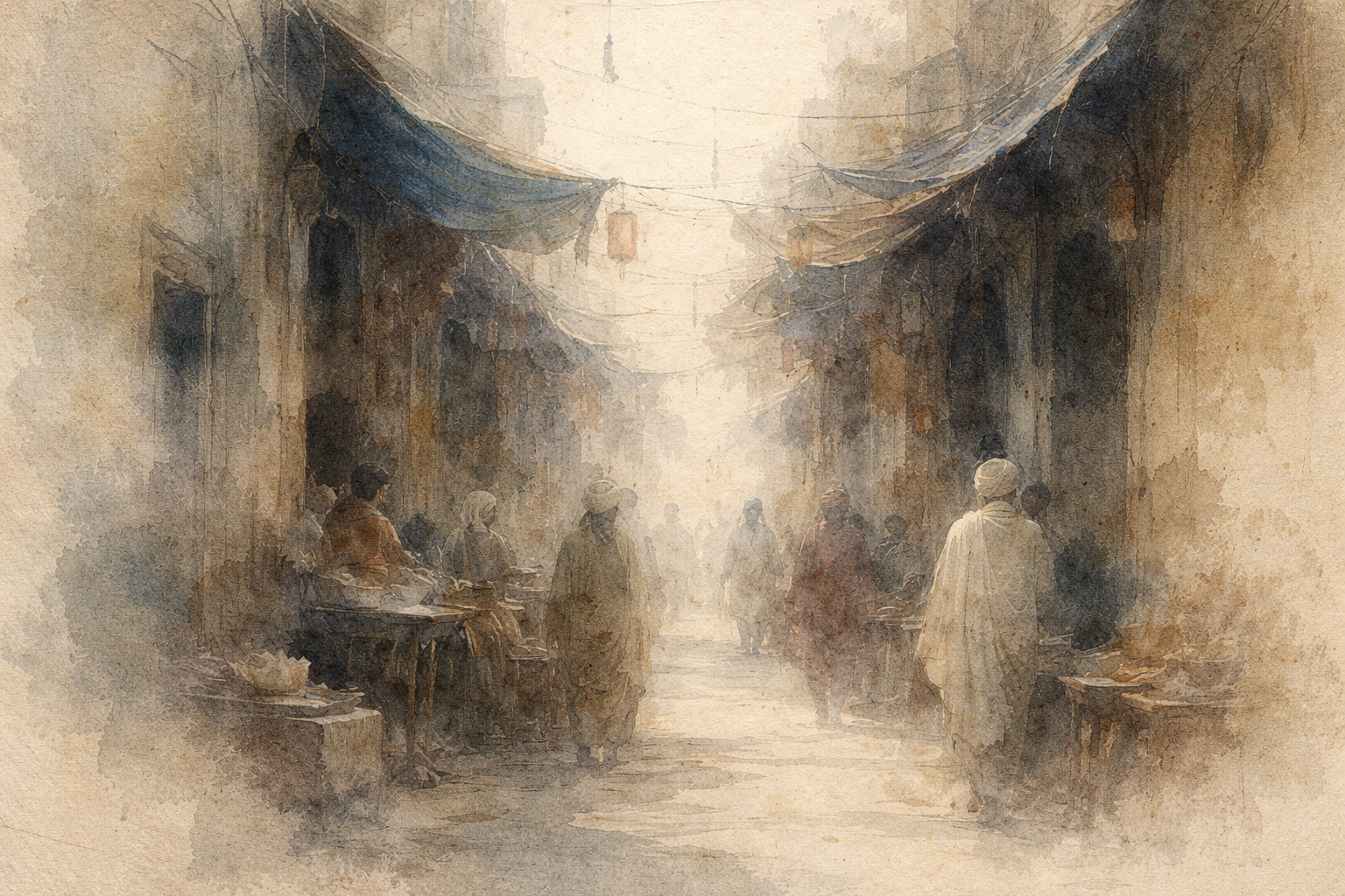 A bustling ancient marketplace street with travelers and merchants, symbolizing the historical journeys and cultural exchanges through which Buddhism reached Sri Lanka.