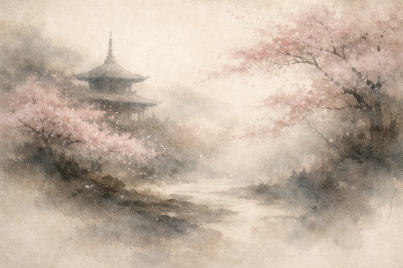Buddhist temple pagoda and cherry blossoms in a misty landscape, symbolizing how Buddhism spread across Asia and took root in different cultures and regions.