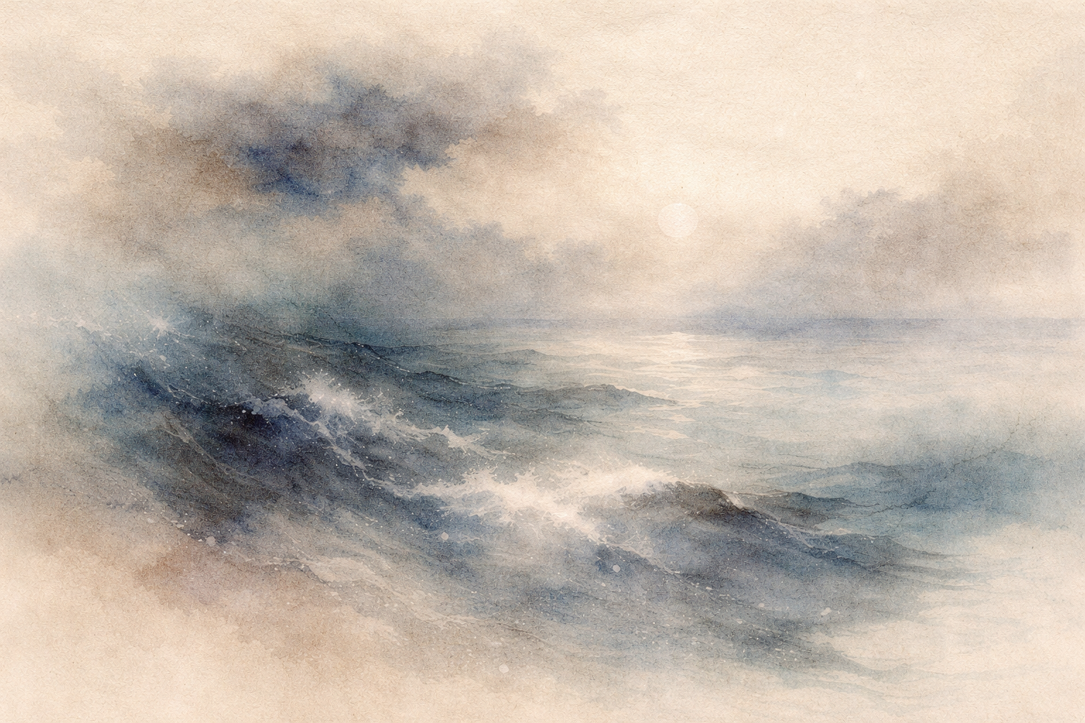Ocean waves moving in different directions beneath a cloudy sky, symbolizing the first Buddhist schism and the early divisions within the Buddhist community.