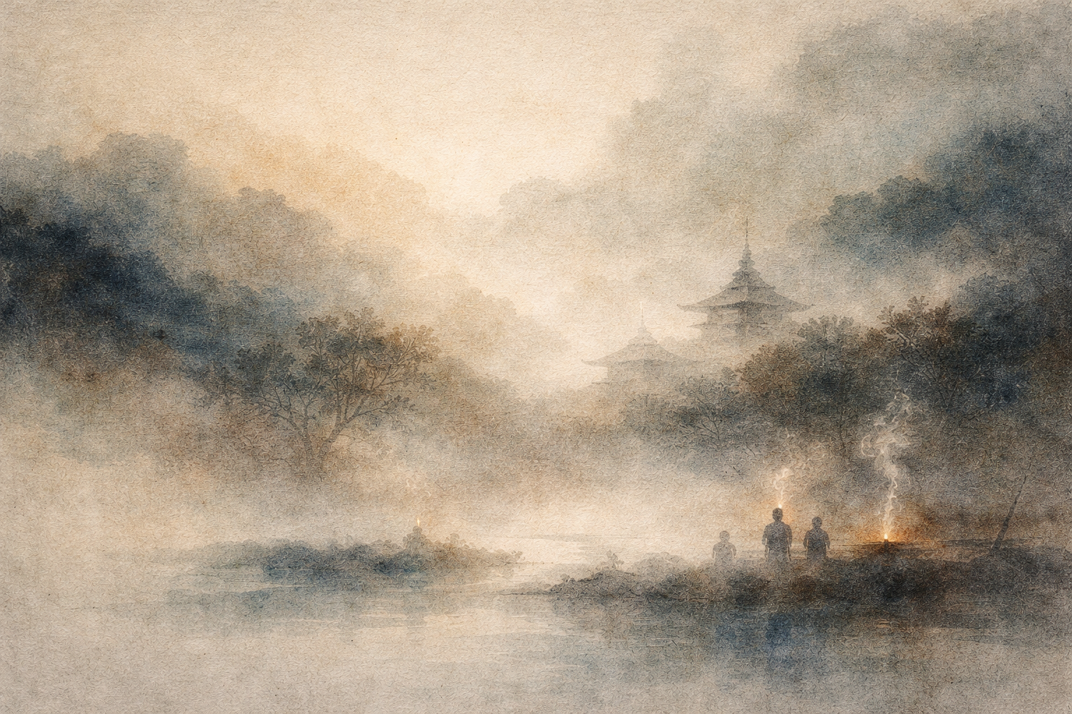 Soft watercolor illustration of figures gathered by a small fire near a misty river, with distant temple pagodas in the background, symbolizing the ceremony of taking refuge and formally becoming a Buddhist.