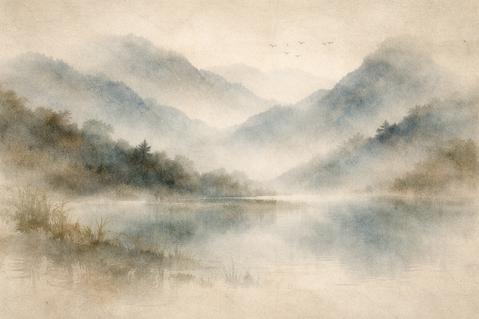 霧に包まれた山々が静かな湖面に映る水彩風景画。重なり合う森や遠くを飛ぶ鳥が描かれ、仏教の道徳観にある静かな調和とバランスを象徴している。