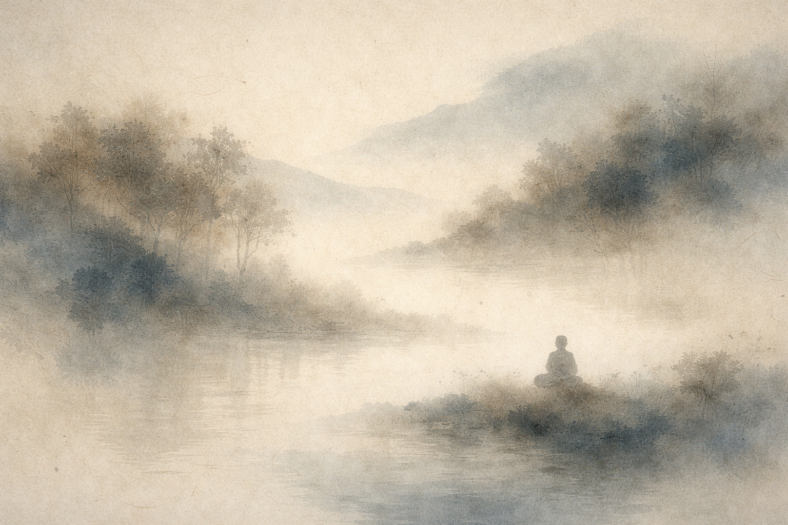 幾重にも重なる山々と霧に包まれた湖のほとりで、一人の瞑想者が静かに座っている水彩風景画。仏教においてカルマ（業）がどのように再生に影響し、意識の連続性を形づくるかを象徴している。