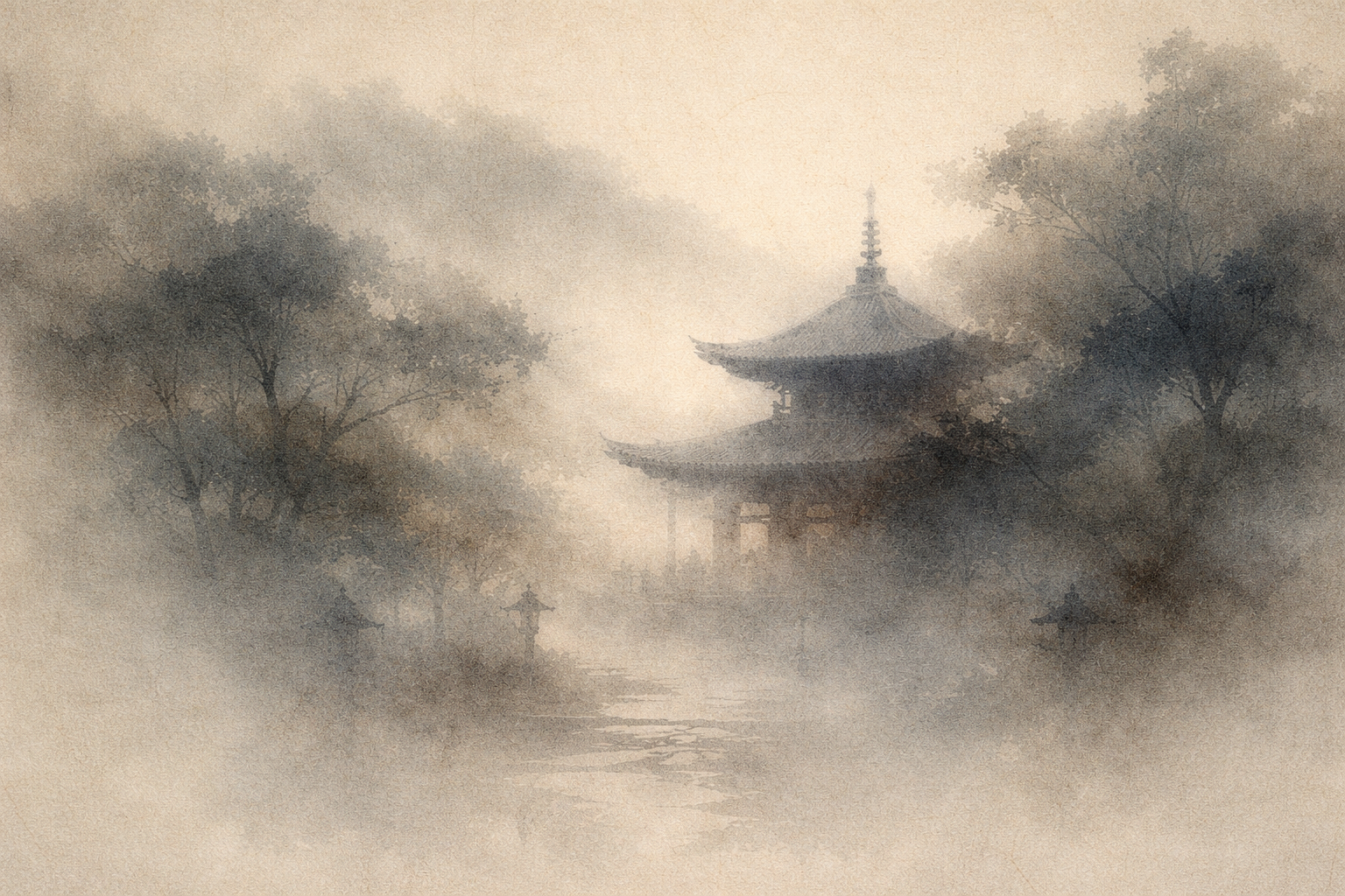 A misty temple pagoda surrounded by trees in a tranquil landscape, symbolizing the spread of Mahayana Buddhism across Asia and its influence on East Asian cultures.