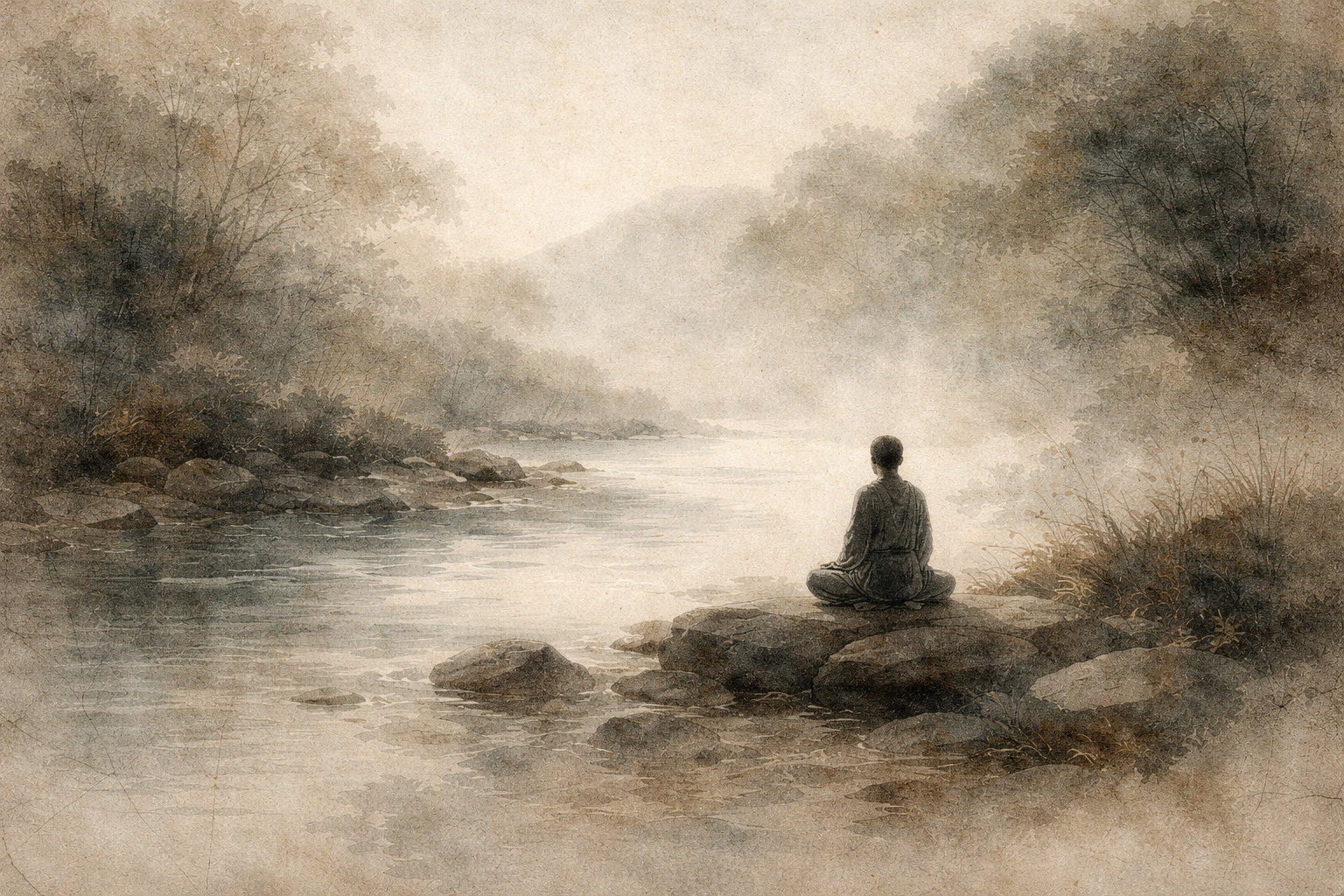 A serene watercolor illustration of a person sitting in meditation on rocks beside a quiet river surrounded by misty trees and distant hills, symbolizing how meditation cultivates equanimity through steady presence and calm awareness amid the flow of life.