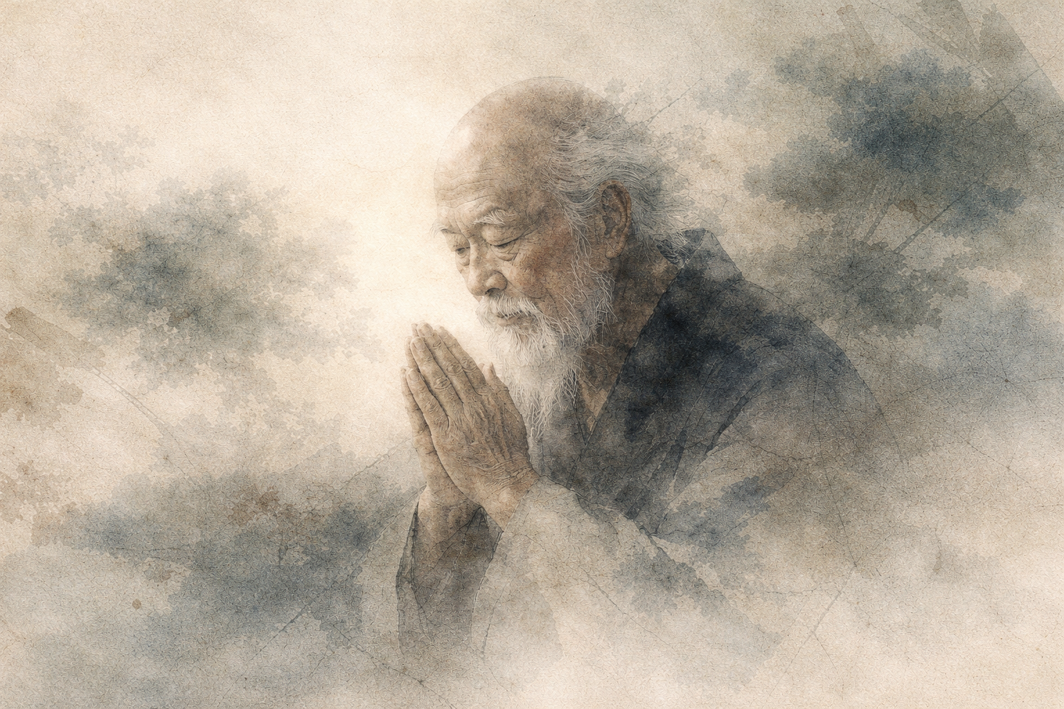 霧に包まれ、合掌する年老いた僧侶を描いた柔らかな水彩画。瞑想によって思考や自己認識に気づき、固定された自己という幻想としてのエゴが明らかになることを象徴している。