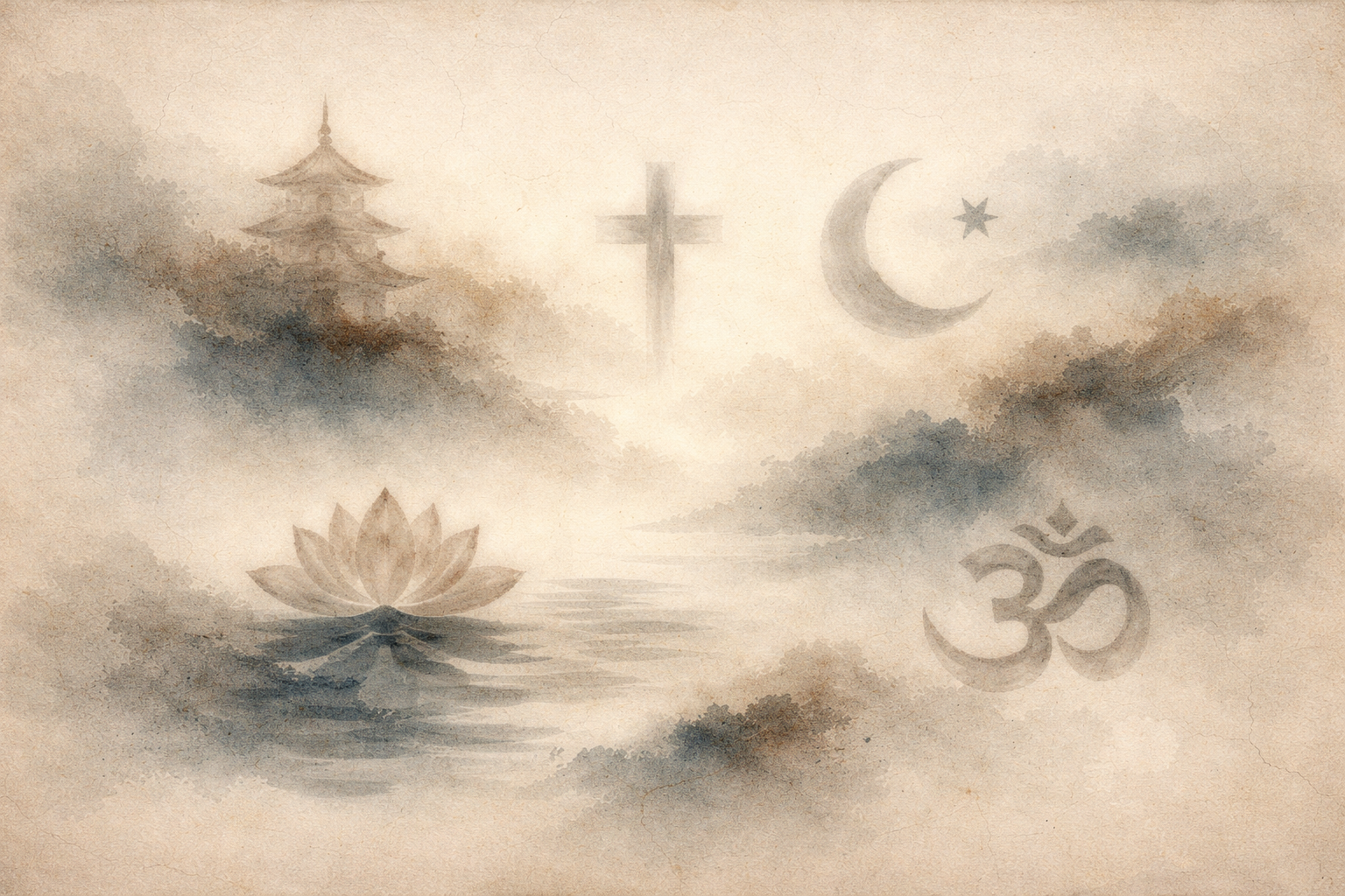 Soft watercolor illustration blending religious symbols—a Buddhist temple, a cross, a crescent moon and star, a lotus, and the Om symbol—set within misty hills and calm waters, symbolizing the universal question of how much desire must be released across spiritual traditions.
