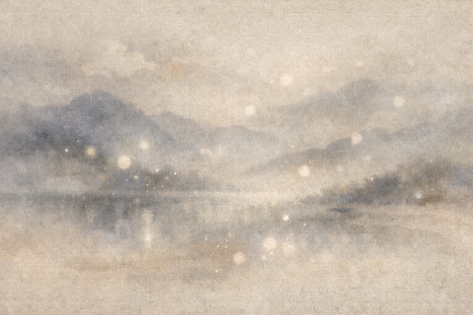 A serene watercolor landscape of misty mountains reflected on still water, illuminated by soft glowing lights, symbolizing how understanding suffering in Buddhism leads to clarity, inner peace, and spiritual freedom.