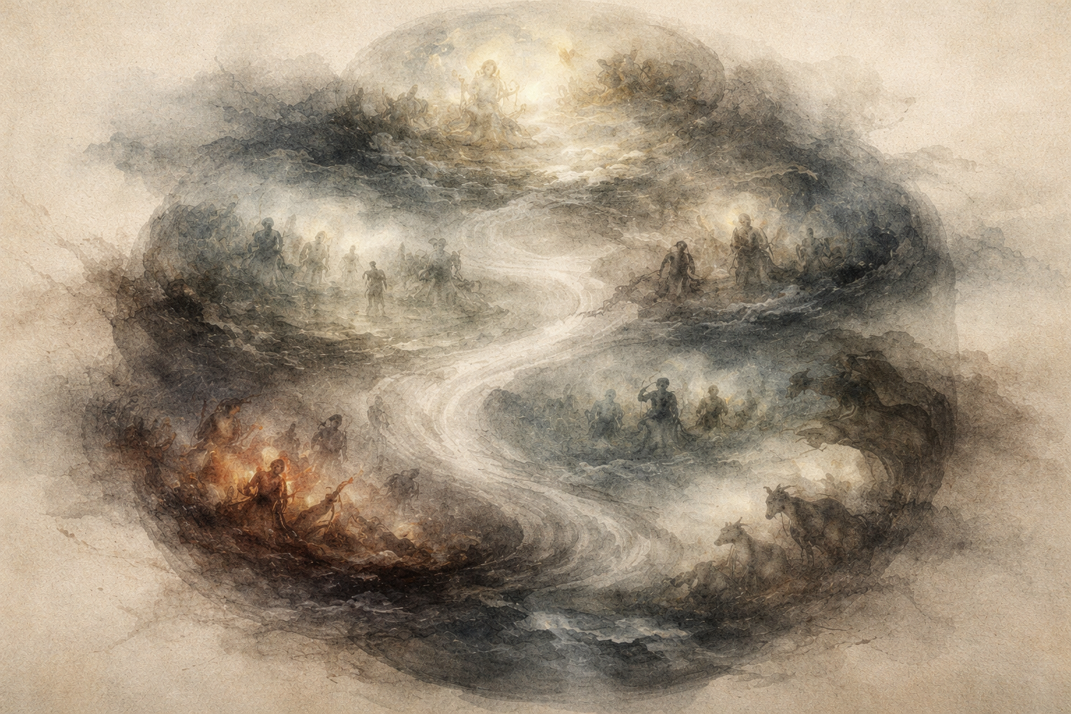 曲がりくねる道に沿って複数の場面が描かれた象徴的な円形の風景。中国で発展した禅（禅宗／Chan Buddhism）の精神的な歩みと歴史的発展を表している。