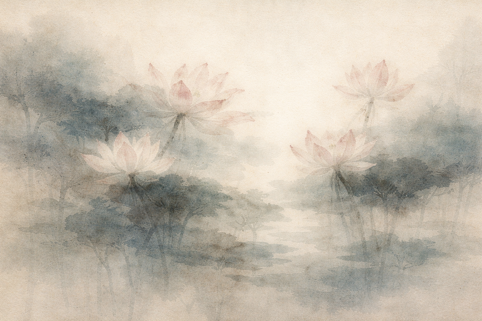 A soft watercolor illustration of blooming lotus flowers rising above mist and gentle trees, symbolizing how to develop equanimity in daily life through steady awareness, emotional balance, and growth amid changing conditions.