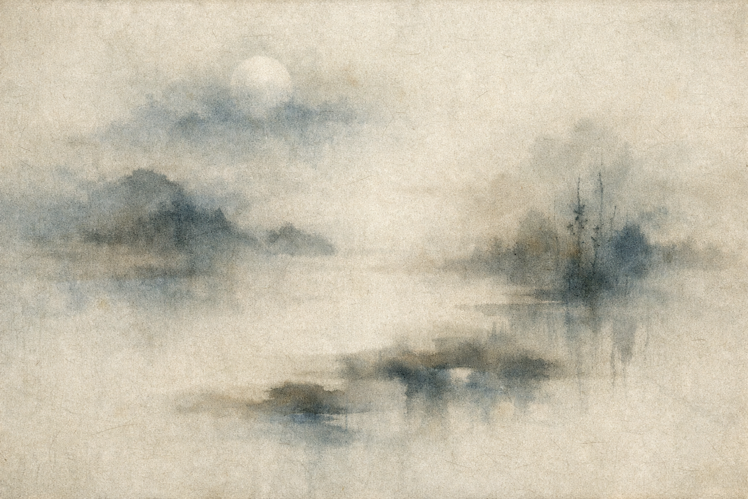 霧に包まれた湖畔と遠くの丘や木々を描いた柔らかな水彩風景画。地元の仏教グループや心の拠り所となる場所を探す静かな旅を象徴している。