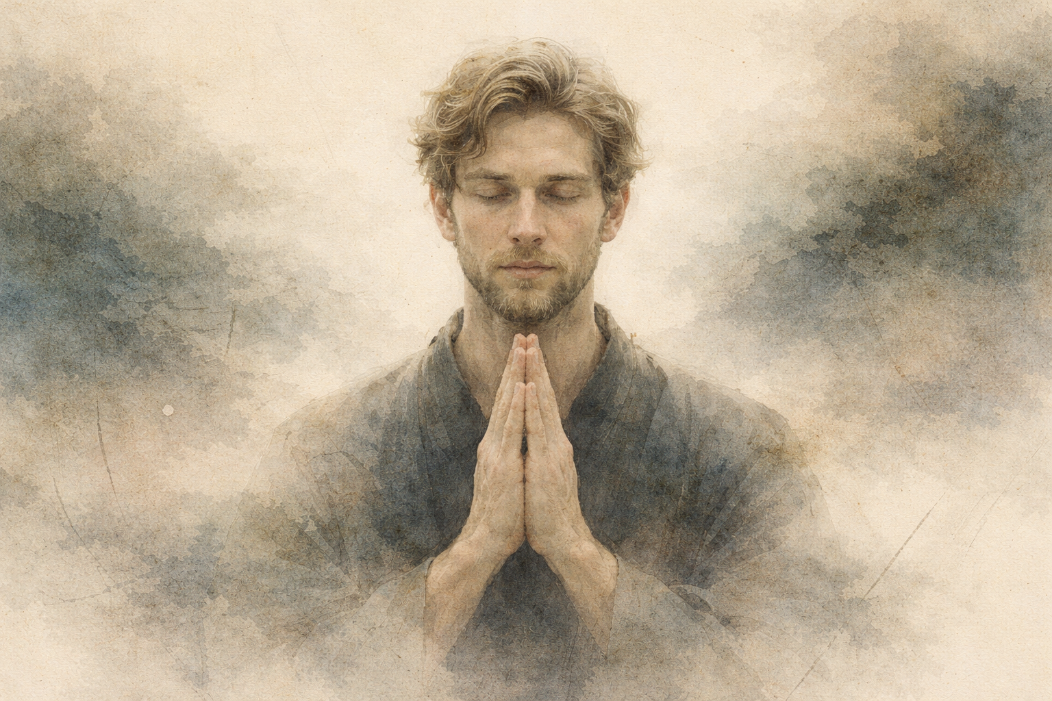 Soft watercolor-style portrait of a young man with eyes closed and hands pressed together in prayer or meditation gesture, surrounded by misty brushstrokes, symbolizing a simple, beginner-friendly approach to meditation grounded in calm focus and gentle awareness.
