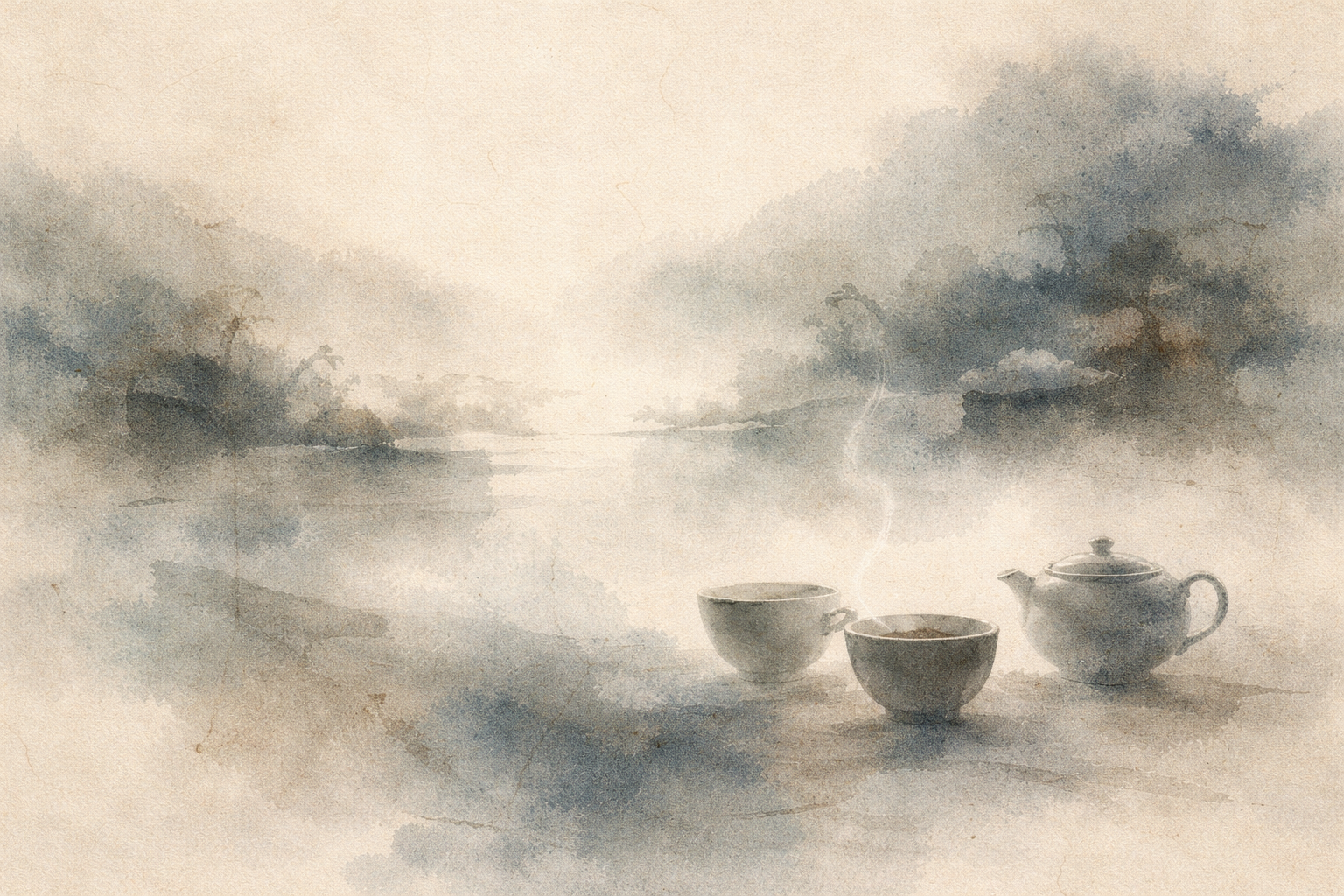 A serene watercolor scene of a teapot and two steaming cups beside a misty lakeside landscape, symbolizing how to practice compassion daily in Buddhism—small, mindful acts of care shared quietly, like offering warm tea in stillness.