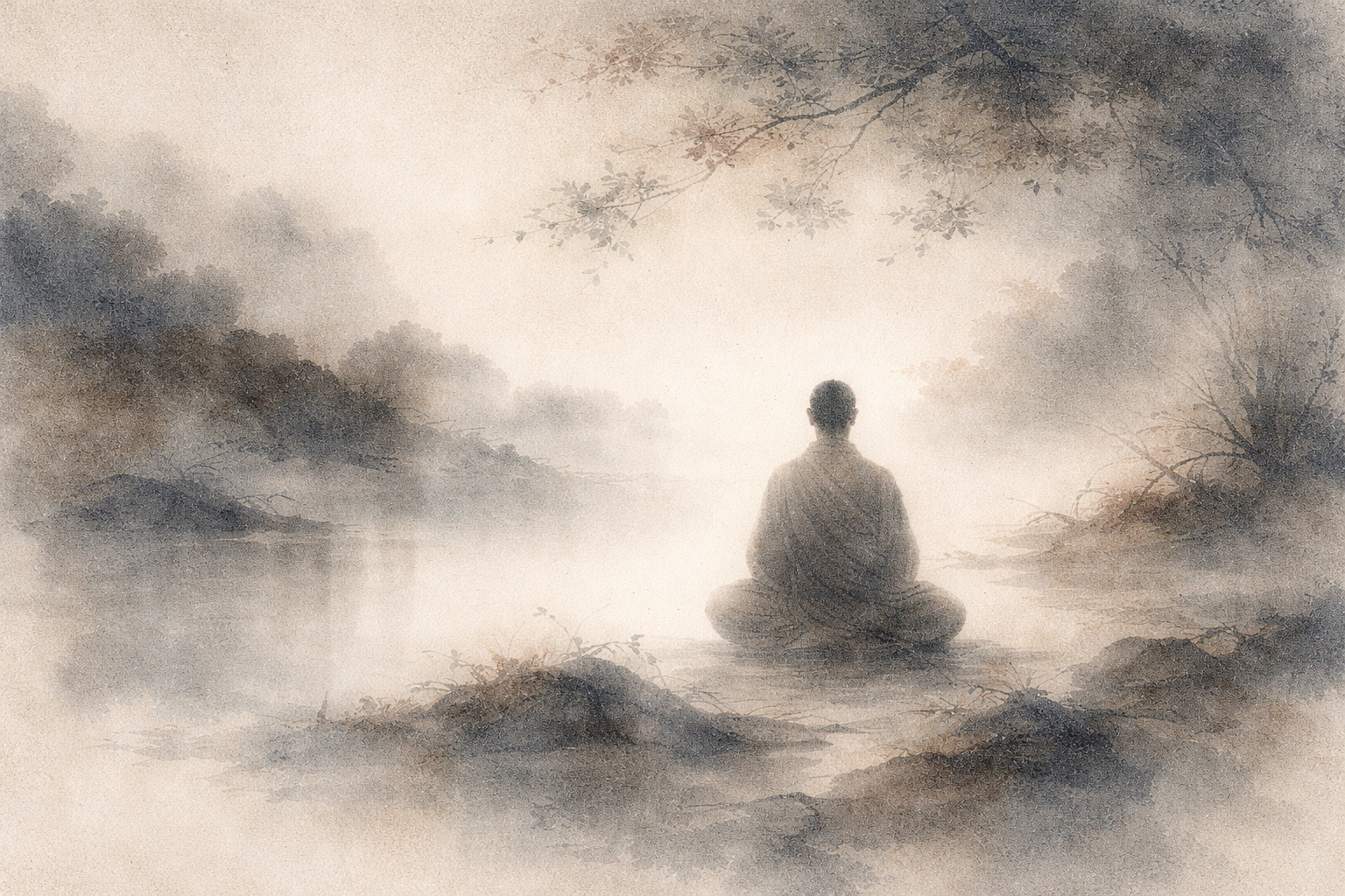 A tranquil watercolor illustration of a solitary monk meditating by a misty lakeside, symbolizing practicing non-attachment in relationships as steady presence, inner balance, and loving connection without clinging.
