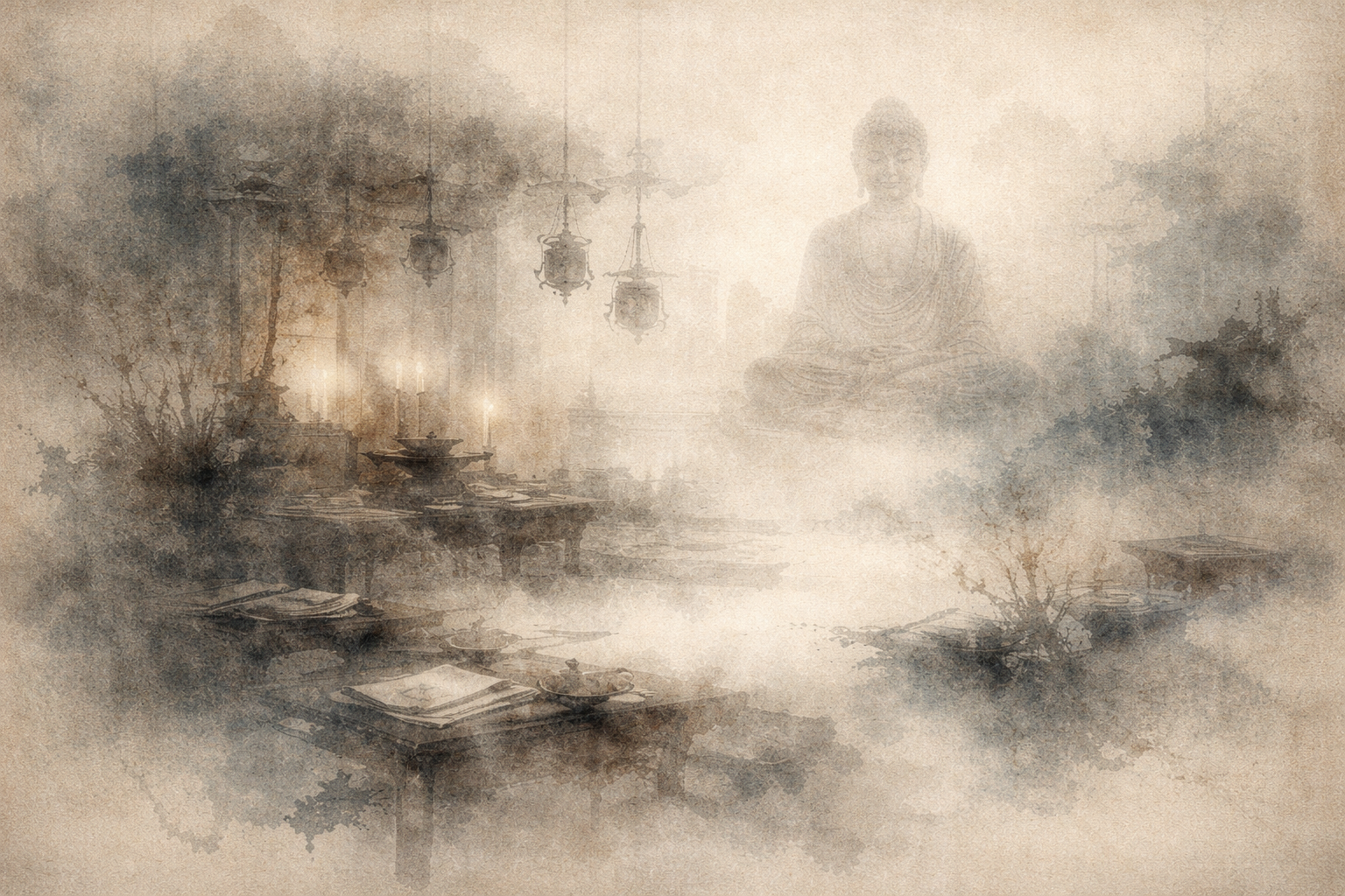 A serene watercolor-style scene of a home Buddhist altar with candles, incense burners, and offerings arranged on wooden tables, with a calm Buddha statue appearing in the misty background.