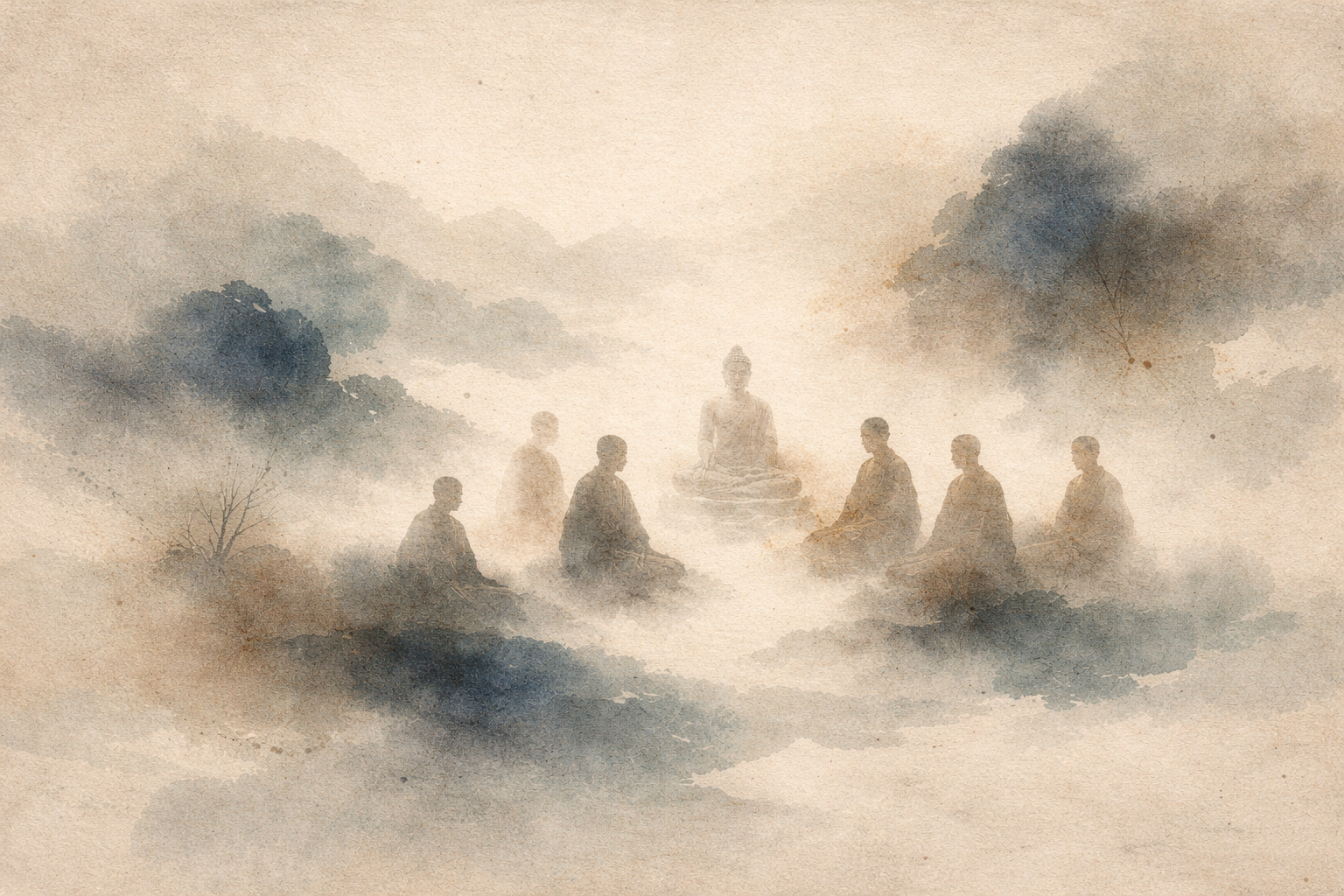 A soft watercolor scene of a group of monks seated in meditation around the Buddha in a misty landscape, symbolizing a step-by-step introduction to beginning Buddhist practice with guidance, community, and calm reflection.