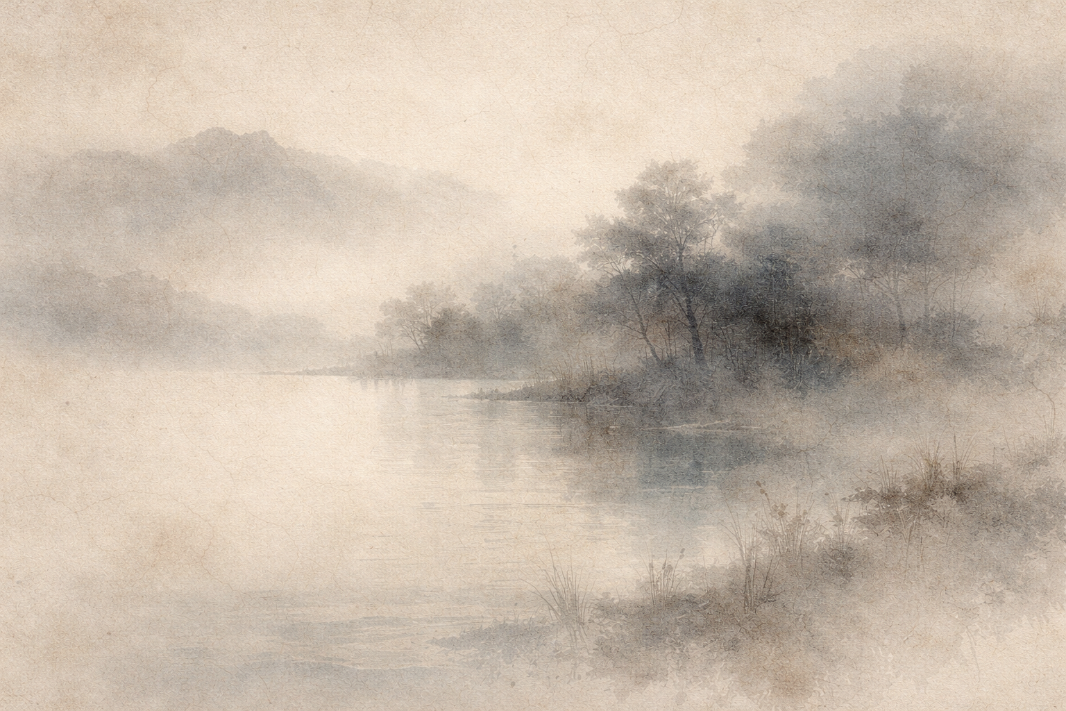 霧に包まれた木々と静かな川を描いた穏やかな水彩風景。すべての現象が微妙に結びついていることへの気づきと、落ち着いた意識としての実践的な「空」の理解を象徴している。