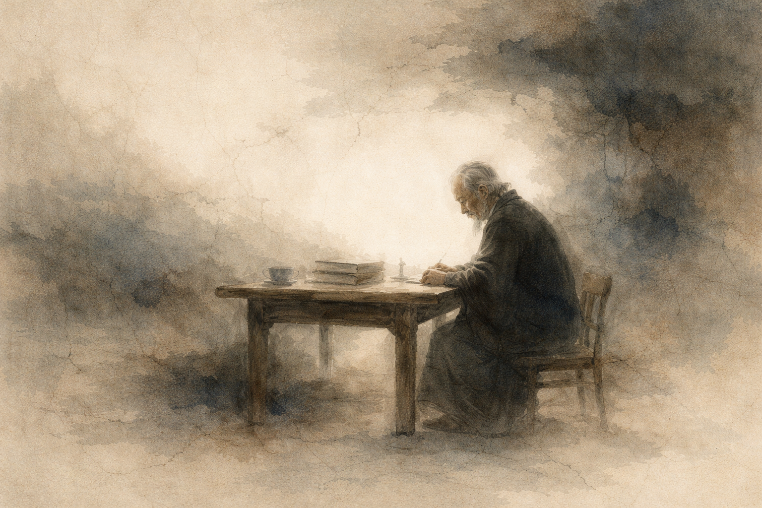A watercolor-style scene of an elderly monk seated at a wooden table writing beside a small stack of books and a teacup, symbolizing reflection, study, and the teachings associated with Huineng and the Platform Sutra in Chan (Zen) Buddhism.