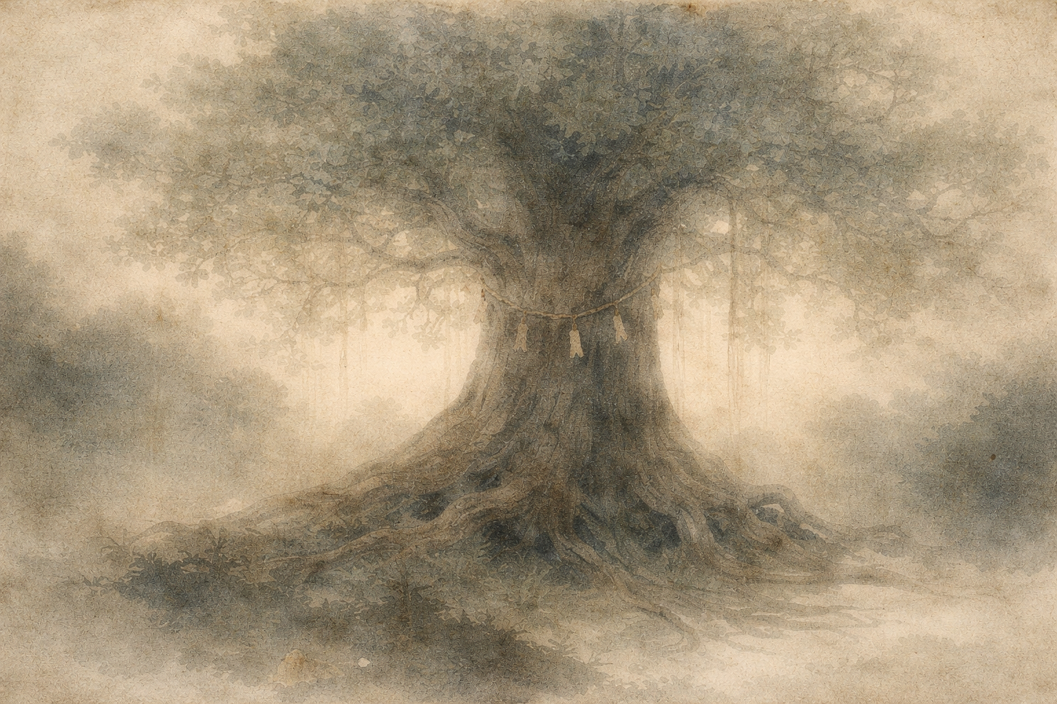 Soft watercolor illustration of a large, ancient tree with deep roots and spreading branches in a misty landscape, symbolizing the diverse Buddhist scriptures and traditions that grow from a shared spiritual foundation.