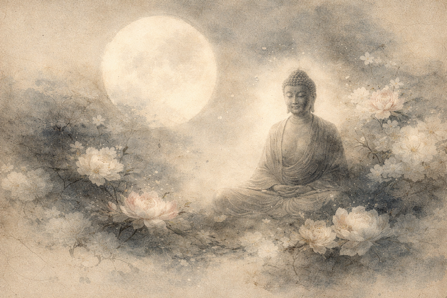 満月のやわらかな光のもと、霧に包まれた蓮の花に囲まれて静かに坐す仏陀の水彩画。固定された自己を超えた「気づき」の静かな神秘を象徴している。