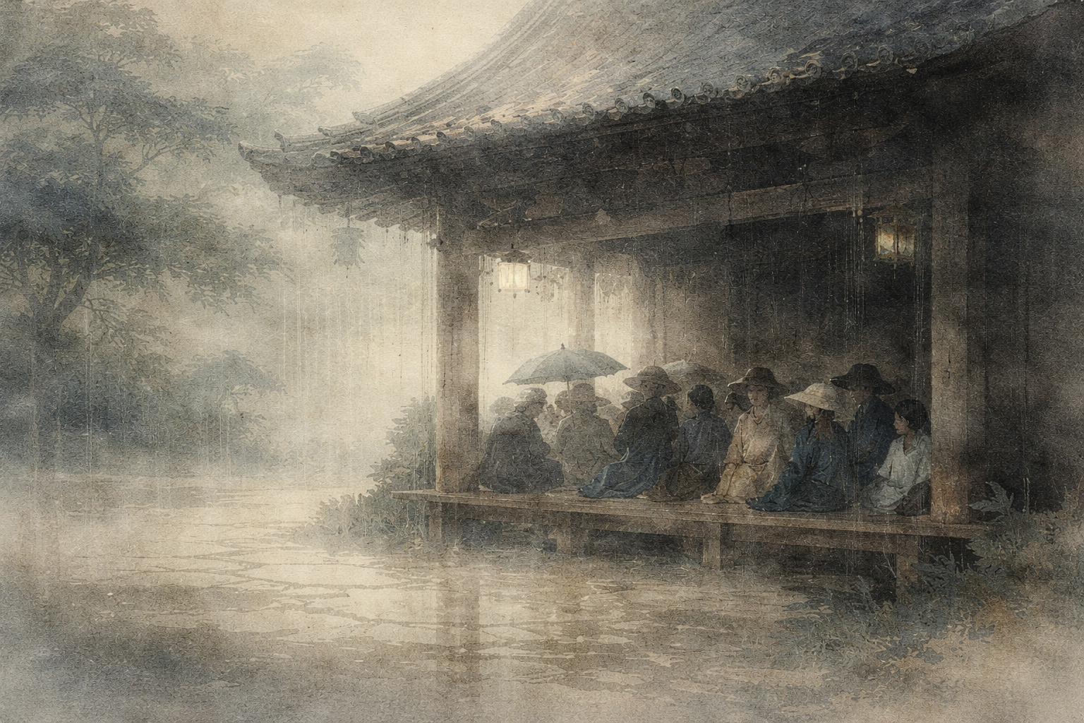 Soft watercolor illustration of a group of people sitting together under the eaves of a traditional wooden building during rain, symbolizing community, shared reflection, and the relationship between Buddhism and social engagement.