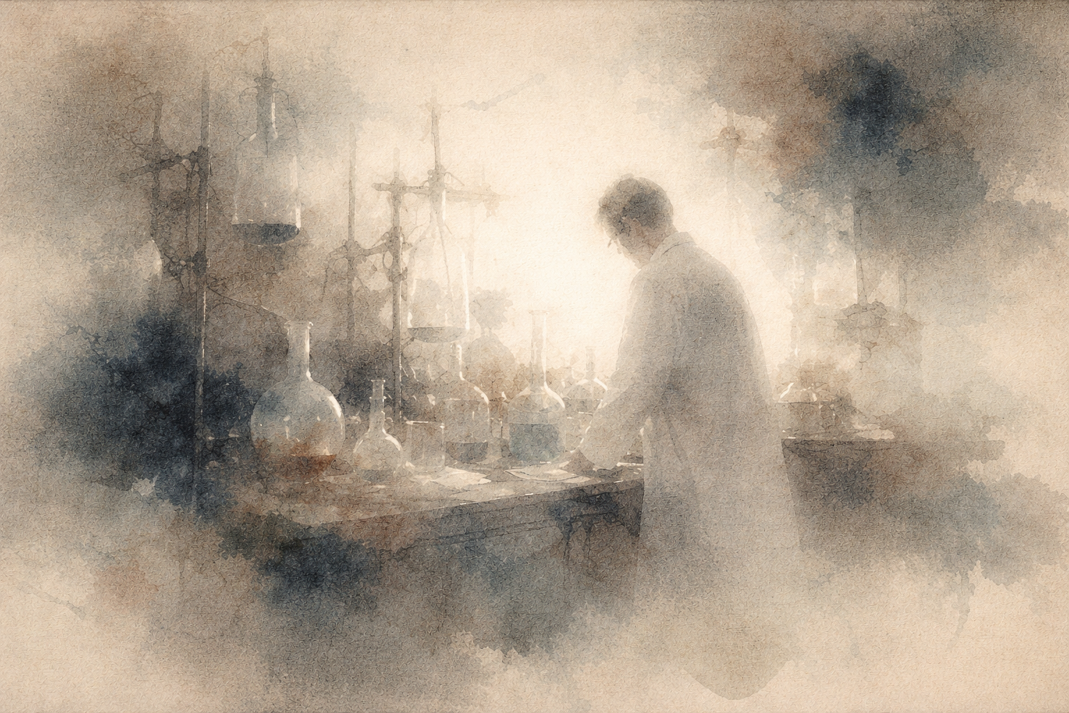 A watercolor-style scene of a scientist working in a laboratory filled with glass flasks and instruments, symbolizing the exploration of whether Buddhism and scientific inquiry can coexist and complement each other.