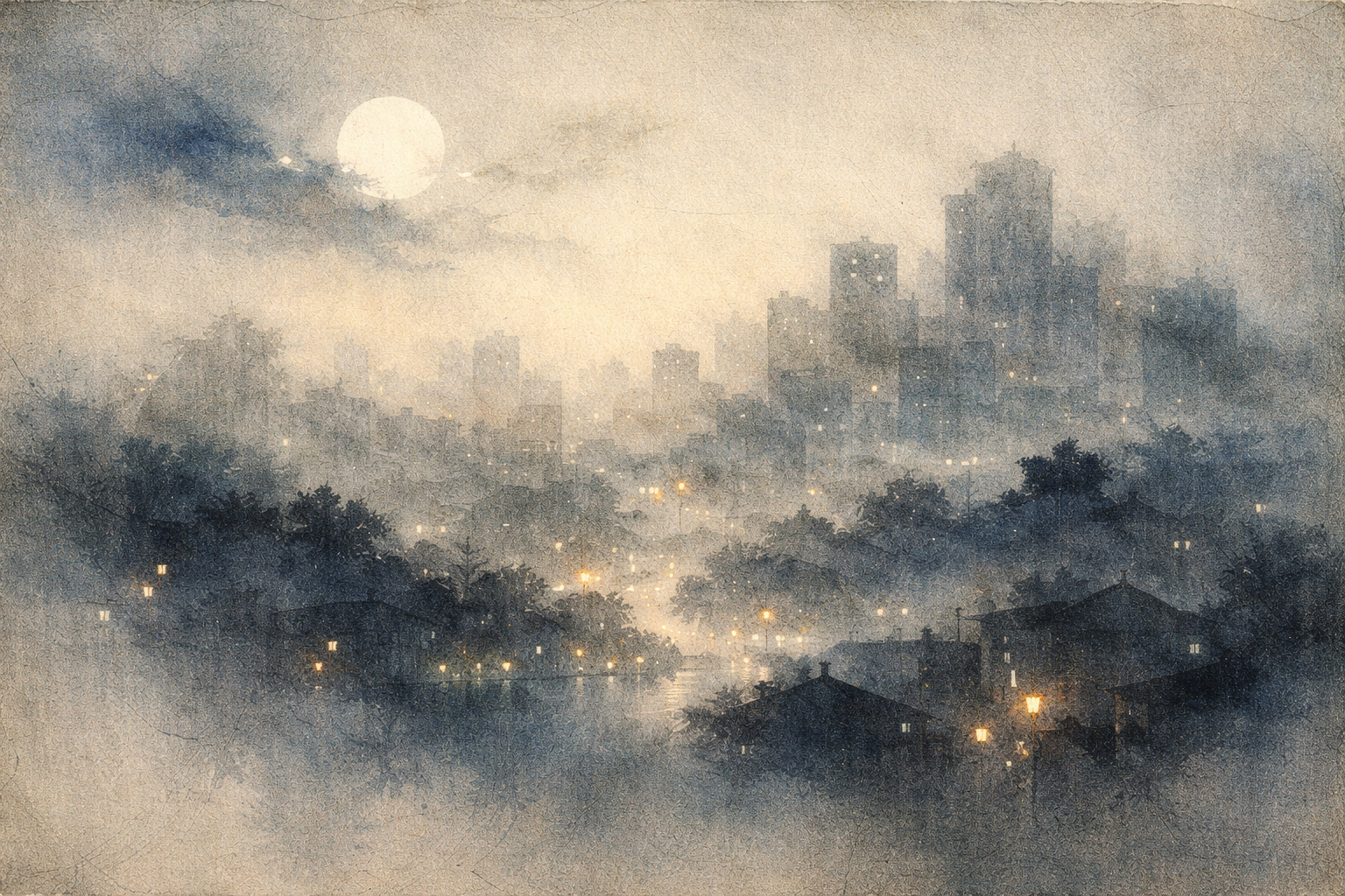 Moody watercolor illustration of a misty city skyline at dusk, with glowing streetlights and distant high-rise buildings under a pale moon, symbolizing the meeting of Buddhist wisdom and modern Western urban life.