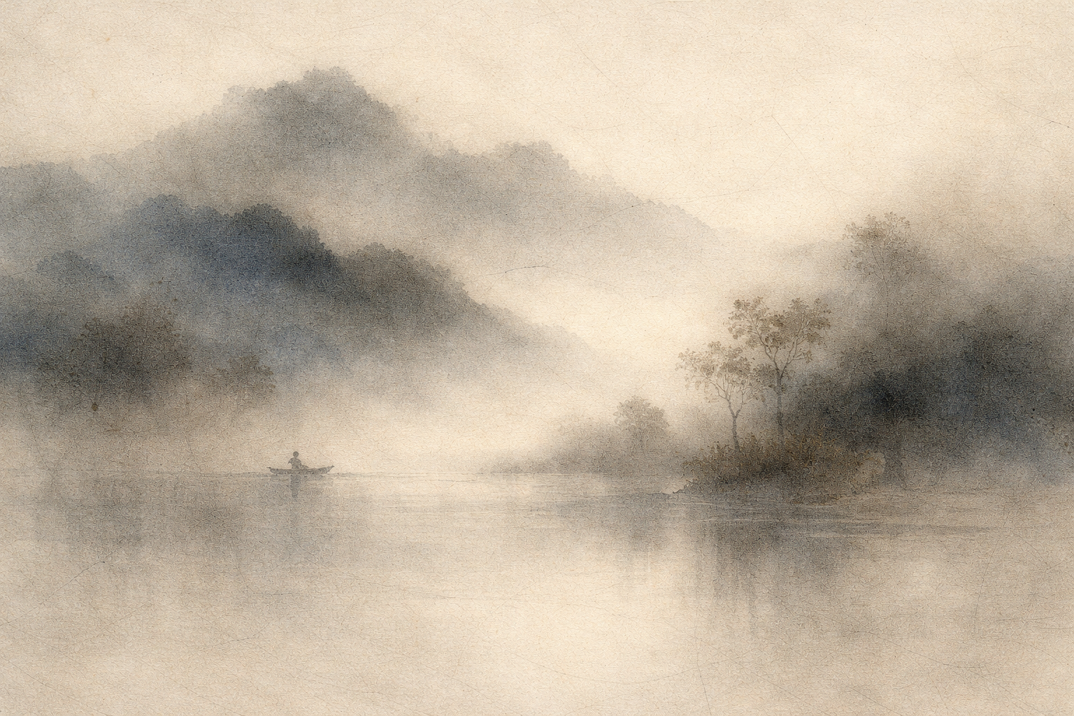 Soft watercolor landscape of mist-covered mountains reflected in calm water, with a lone boat drifting gently across the lake, symbolizing the Buddhist Middle Path—neither life-denying nor indulgent, but balanced and awake within the flow of existence.