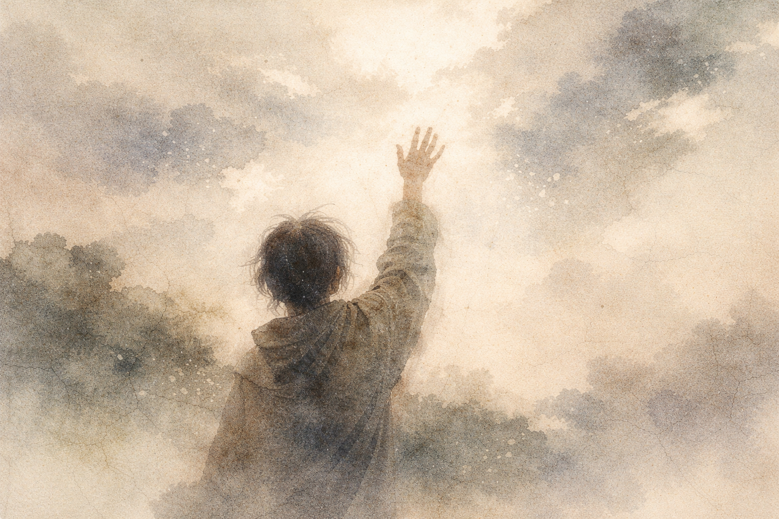 霧に包まれた光の中で空に手を伸ばす人物を描いた柔らかな水彩画。仏教は悲観的なのかという問いを象徴しつつ、実際には希望や目覚め、苦からの解放へと向かう道を示している。