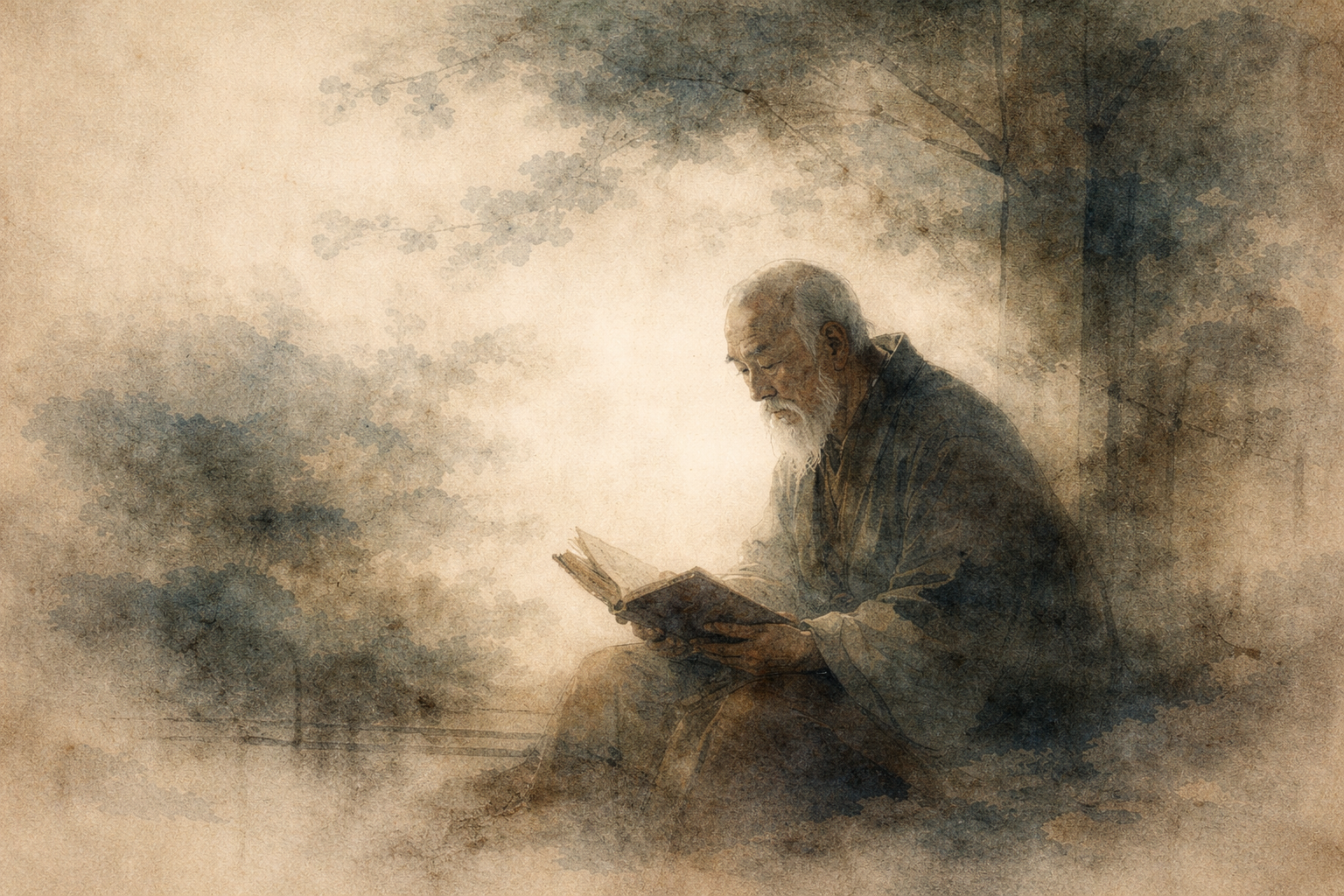 Elderly monk reading a book quietly beneath trees in a misty landscape, reflecting the thoughtful exploration of whether Buddhism is a religion or a philosophy.