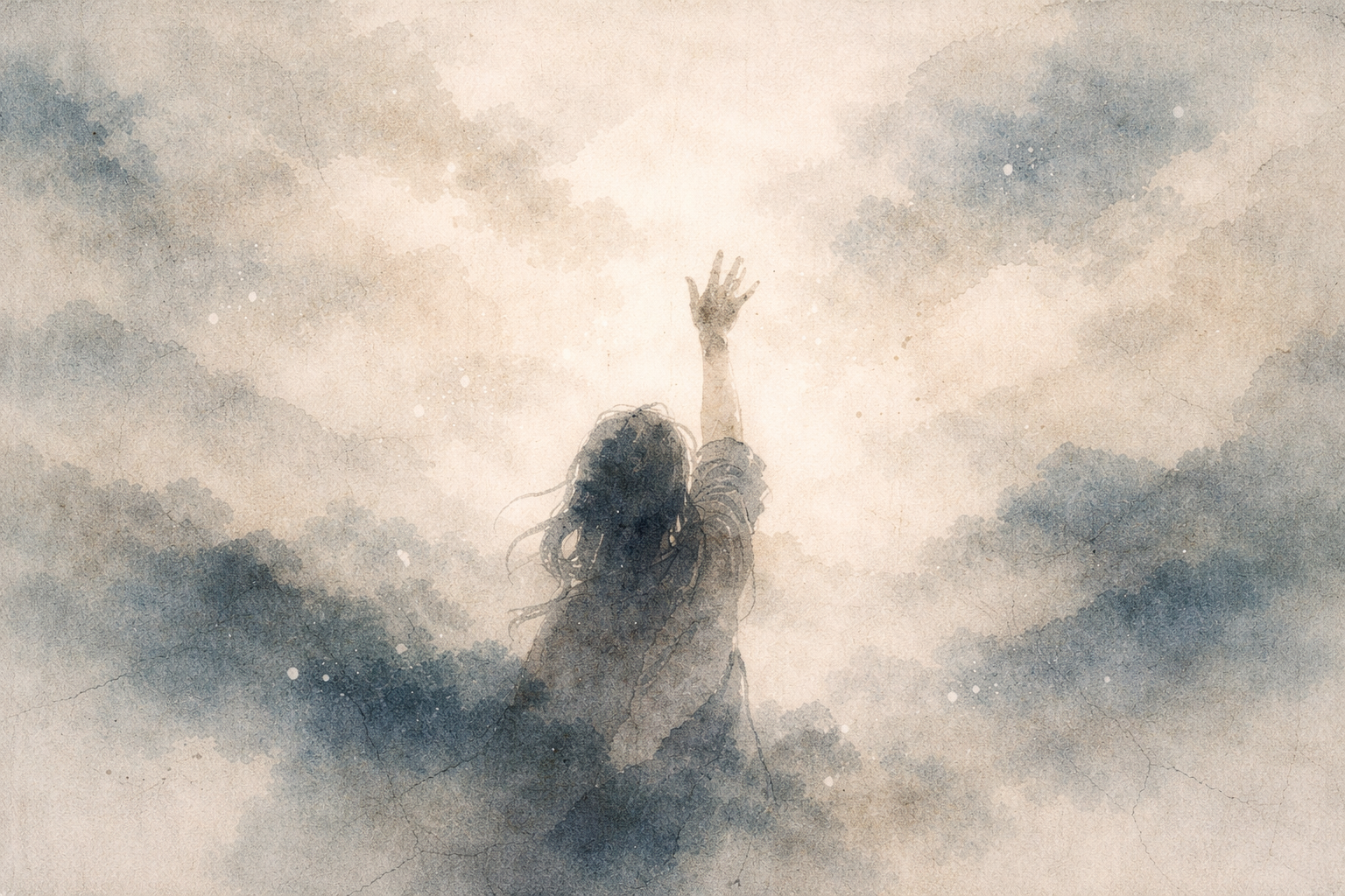 霧に包まれた空へ手を伸ばす人物のシルエット。仏教が宗教なのか、それとも目覚めへの道なのかを探求する姿を象徴している。