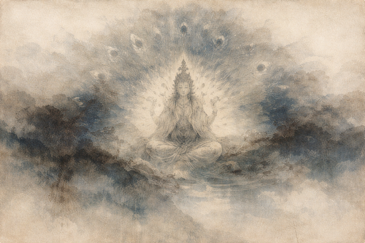 Ethereal watercolor illustration of a serene bodhisattva seated in meditation, surrounded by a radiant halo resembling peacock feathers and rising mist, symbolizing the quiet strength and luminous power behind Buddhist kindness.