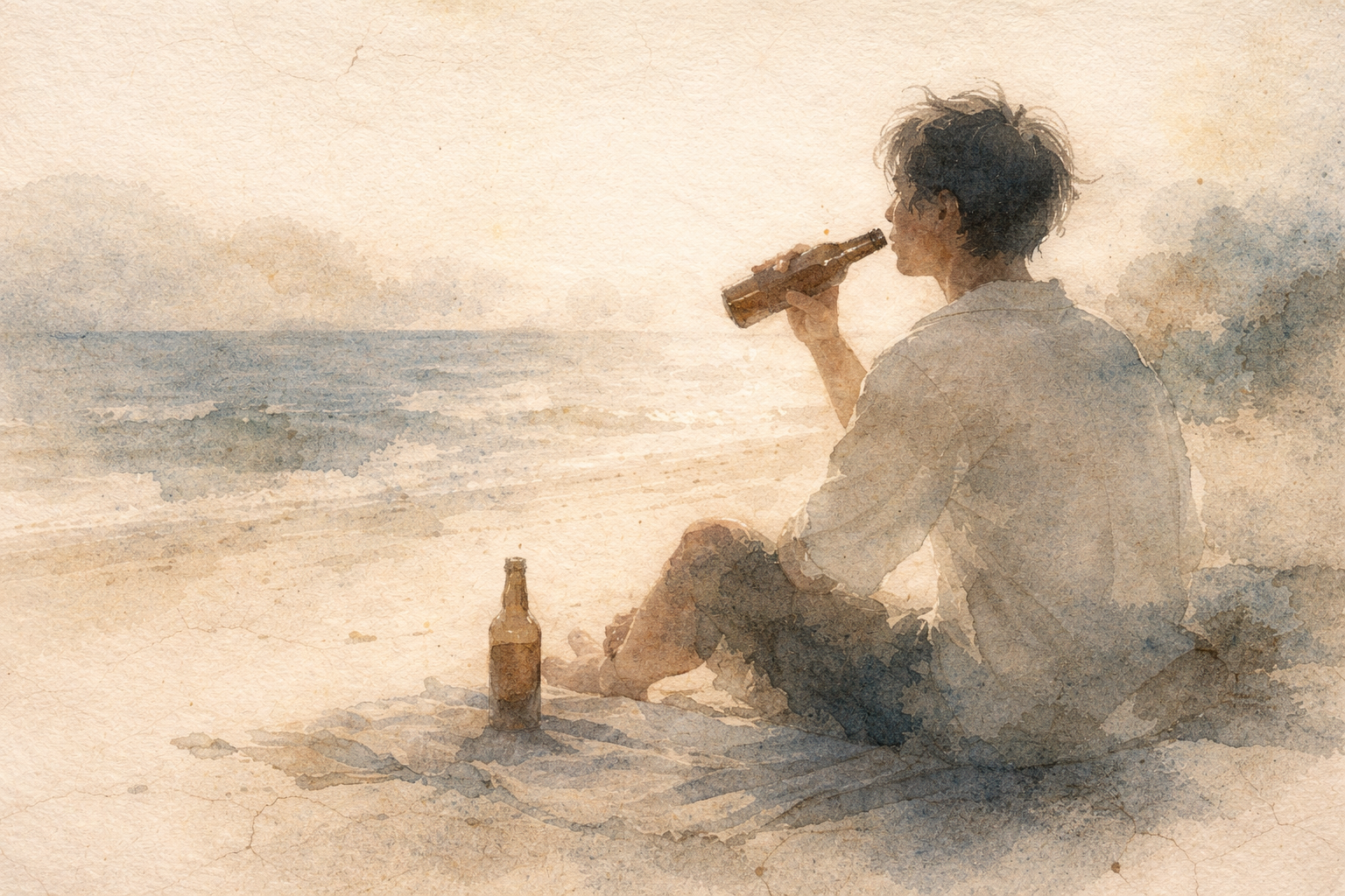 夕暮れの砂浜に一人で座り、海を見つめながら瓶を手にする若者を描いた柔らかな水彩画。仏教における飲酒とマインドフルネスへの内省を象徴している。