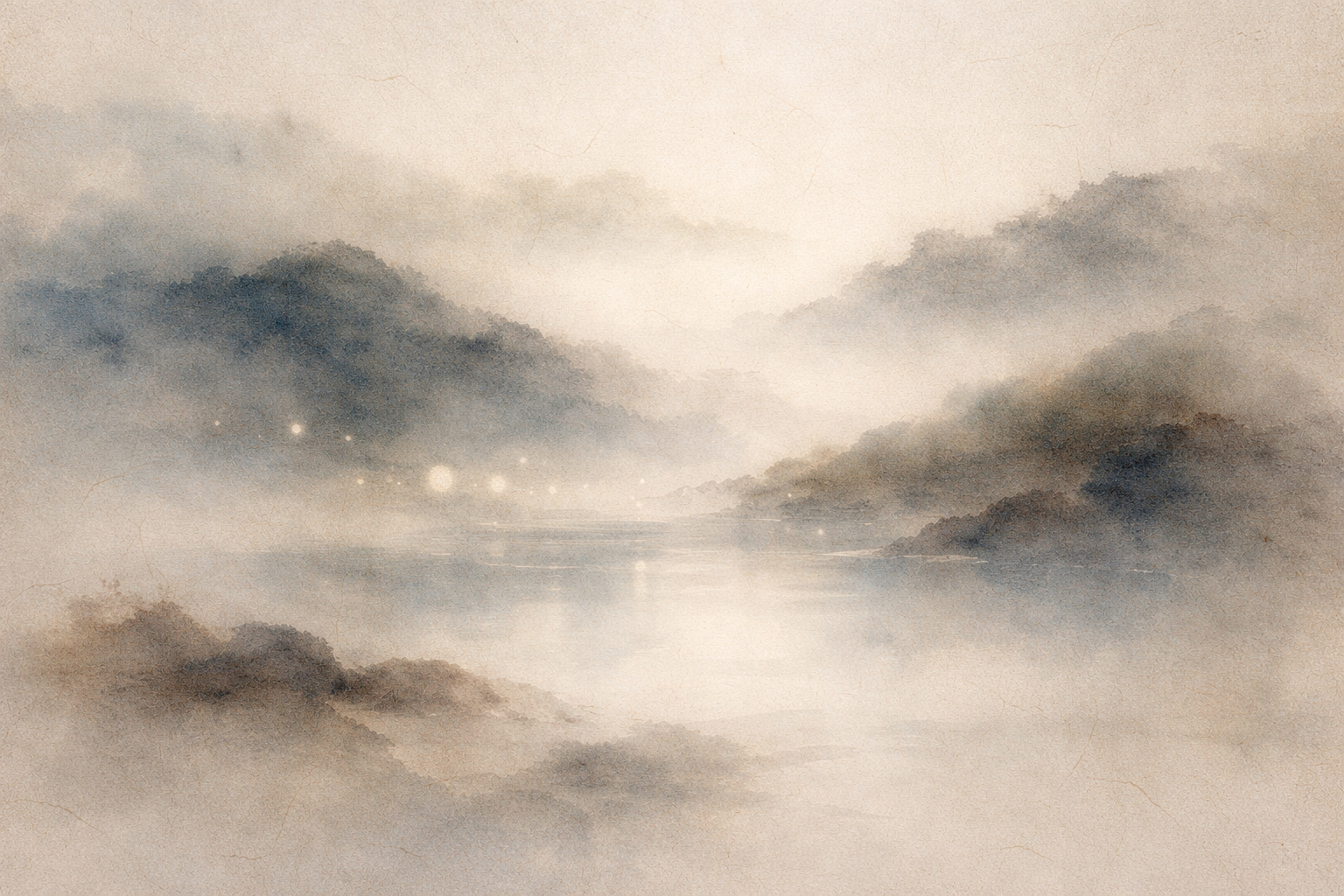 静かな湖に霧の山々が映る柔らかな水彩風景。「空」と「手放すこと」の関係を、広がりのある気づきと執着をやさしく解き放つこととして象徴している。