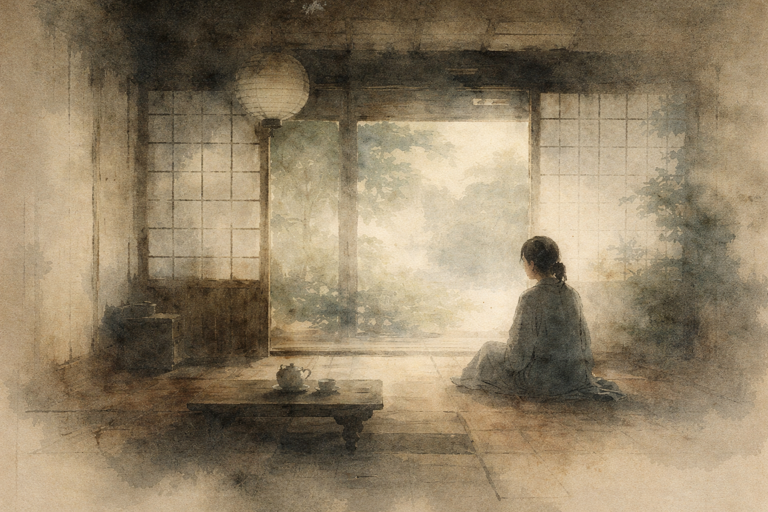 A soft watercolor illustration of a woman sitting quietly in a traditional Japanese-style room, gazing toward a misty garden through open sliding doors, symbolizing the question of whether equanimity is emotional suppression or calm, open awareness of feelings.
