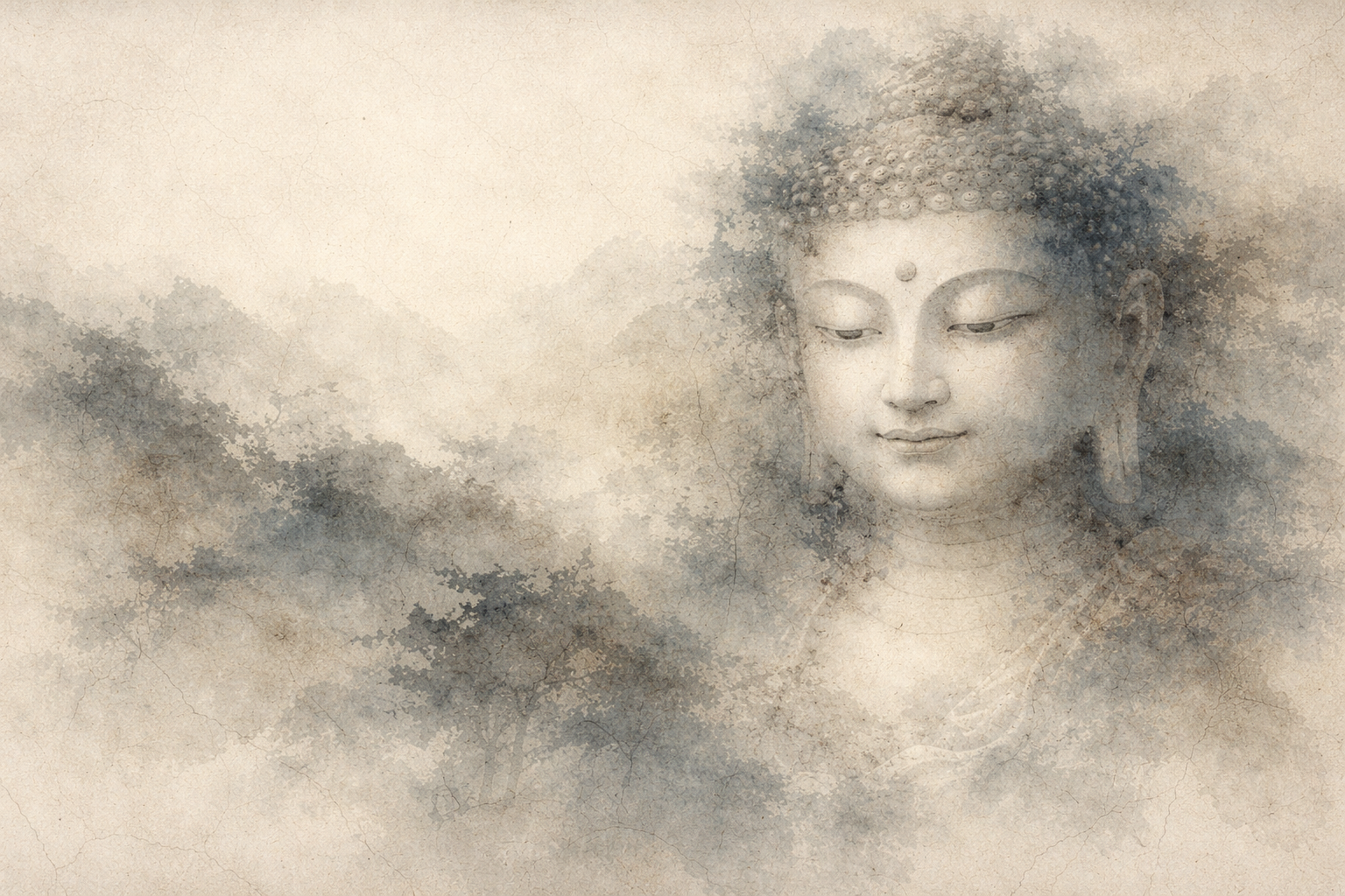 A soft watercolor portrait of the Buddha emerging from misty clouds and distant trees, symbolizing reflection on whether “instant karma” aligns with the traditional Buddhist understanding of cause and effect.