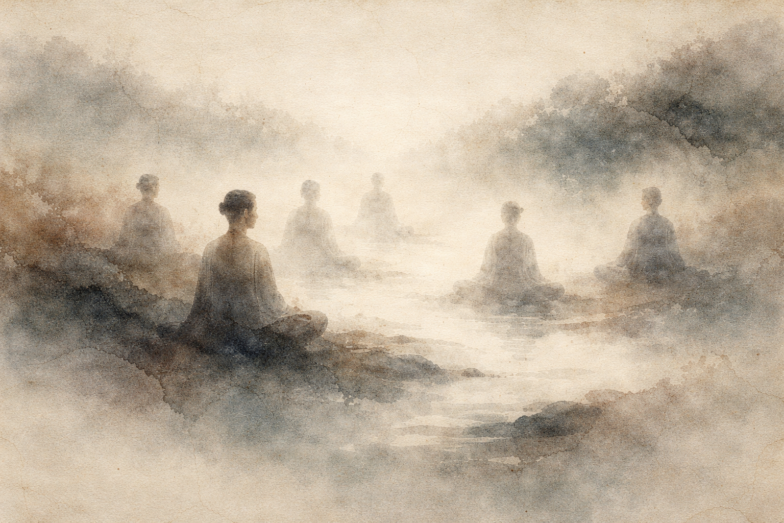 Soft watercolor scene of several people sitting cross-legged in meditation within a misty landscape, symbolizing collective stillness and the question of whether meditation is escape or deeper engagement with reality.