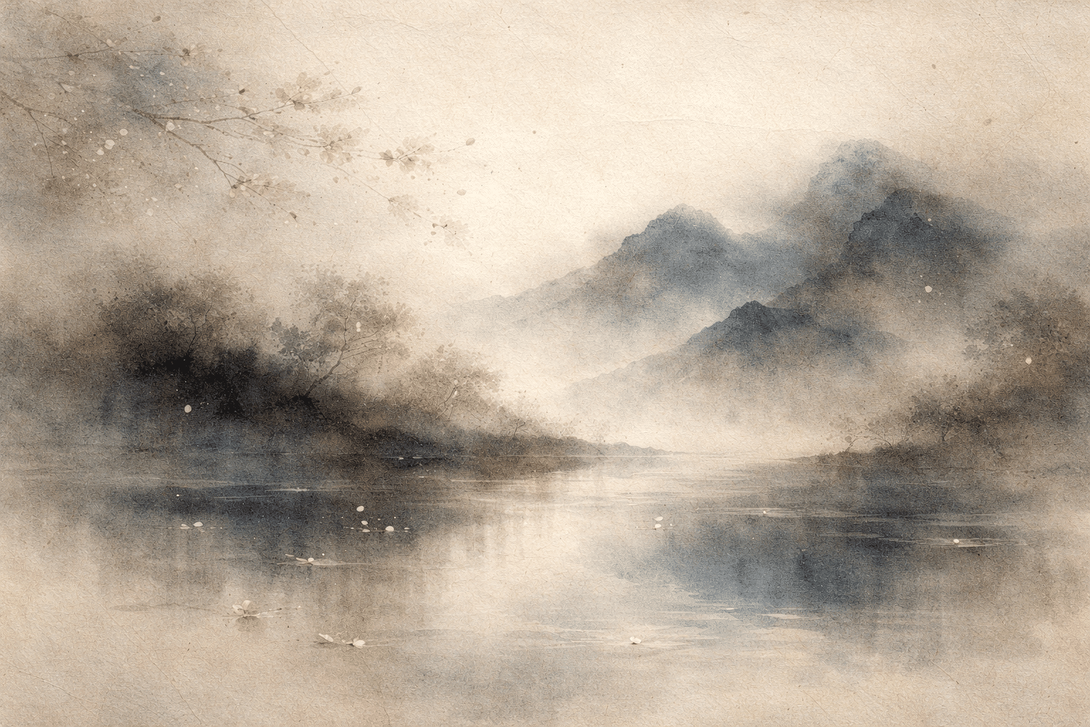 A serene watercolor landscape of mist-covered mountains reflected on still water, symbolizing non-attachment as calm awareness and deep care without clinging or emotional indifference.