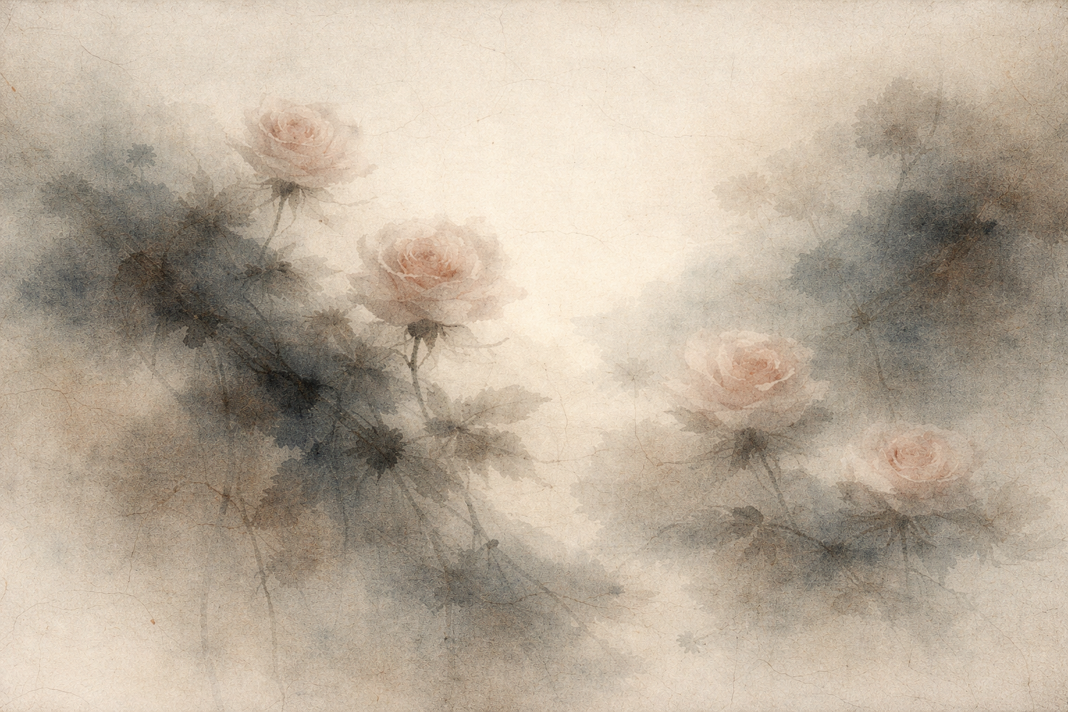 Soft watercolor illustration of pale roses emerging from a misty, textured background, symbolizing the subtle and layered interpretations of rebirth—whether understood literally or as a metaphor for moment-to-moment renewal.