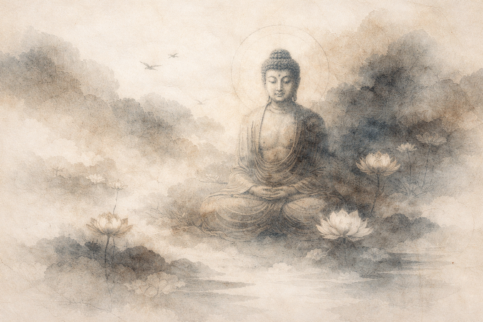 蓮の花と霧に包まれながら瞑想する仏陀を描いた穏やかな水彩画。仏教の無我（アナッター）の教えと、永続的な自己は存在するのかという問いを象徴している。