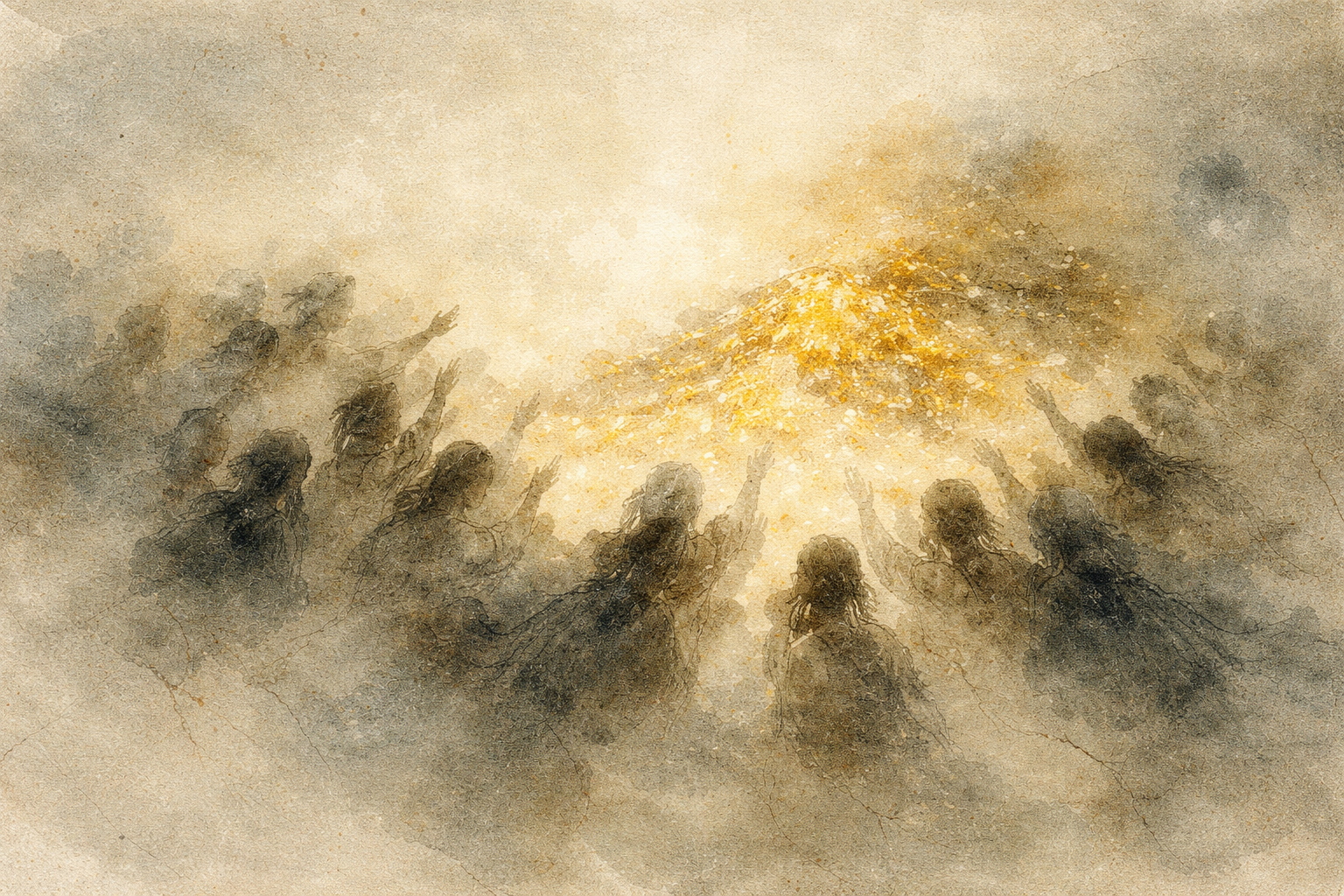Soft watercolor scene of silhouetted figures with raised hands gathered around a radiant golden light, symbolizing collective transformation and the growing scientific interest in meditation’s measurable benefits.