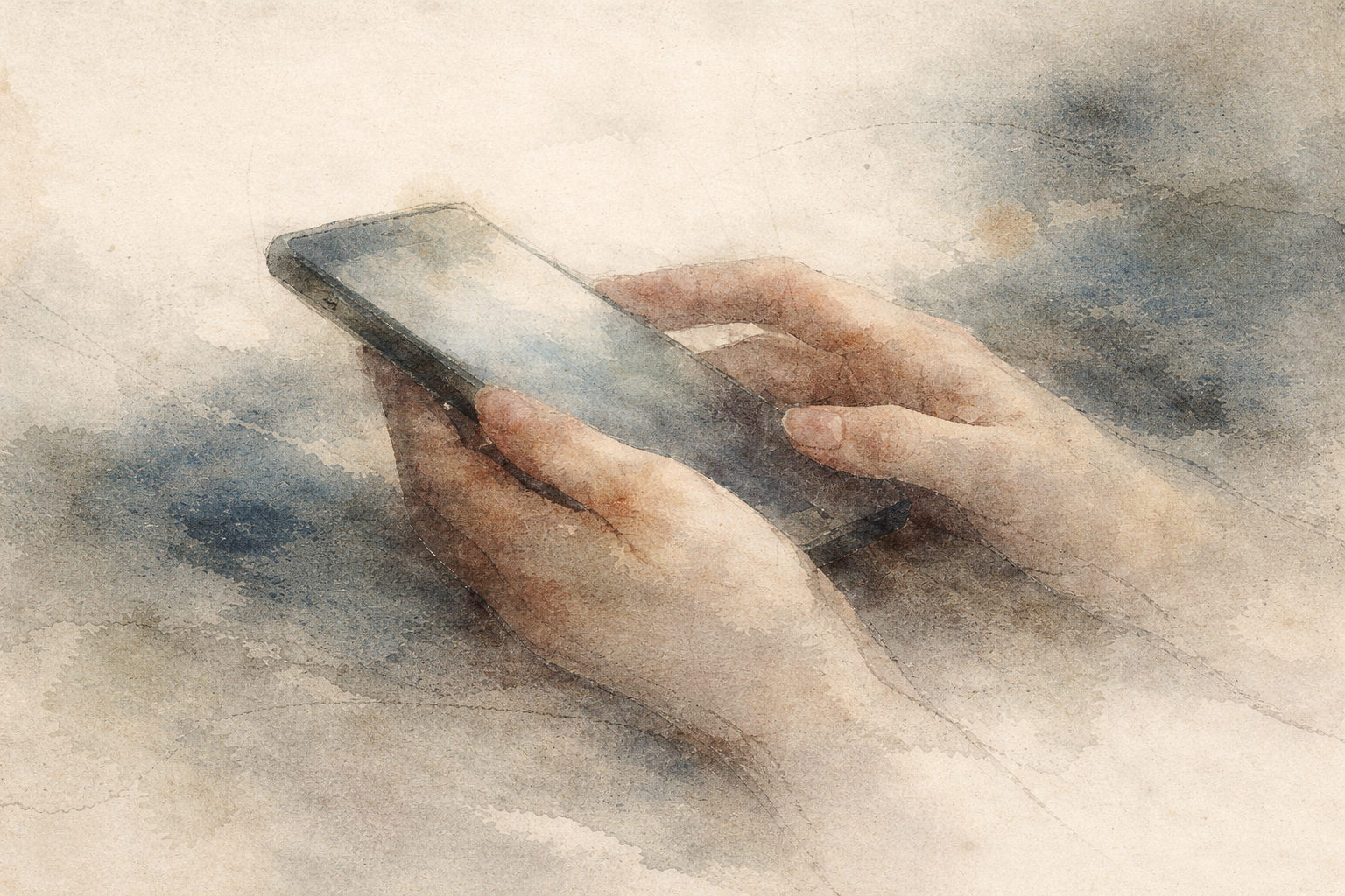 霧がかった落ち着いた背景の中でスマートフォンを手に持つ様子を描いた柔らかな水彩画。仏教にキリスト教の「聖書」のような単一の聖典があるのかを探す姿を象徴している。