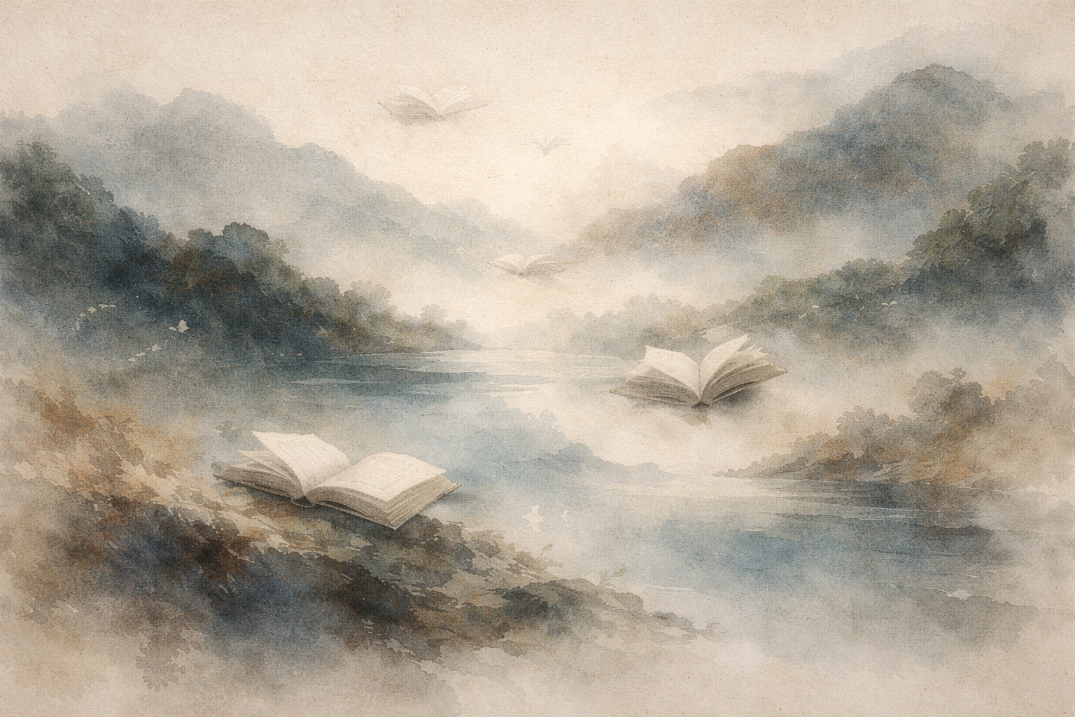 A watercolor-style landscape of misty mountains and a calm lake with open books floating gently on the water, symbolizing the spread of Buddhist teachings and mindfulness in the West associated with Jack Kornfield and the insight meditation movement.