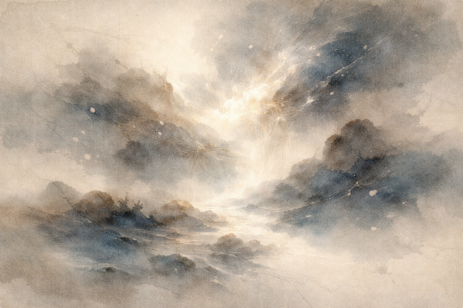 霧に包まれた山々と水辺の上に差し込む壮大な光。スリランカにある世界最大級の古代レンガ造りの仏塔ジェータワナラーマヤの偉大さと歴史的重要性を象徴している。