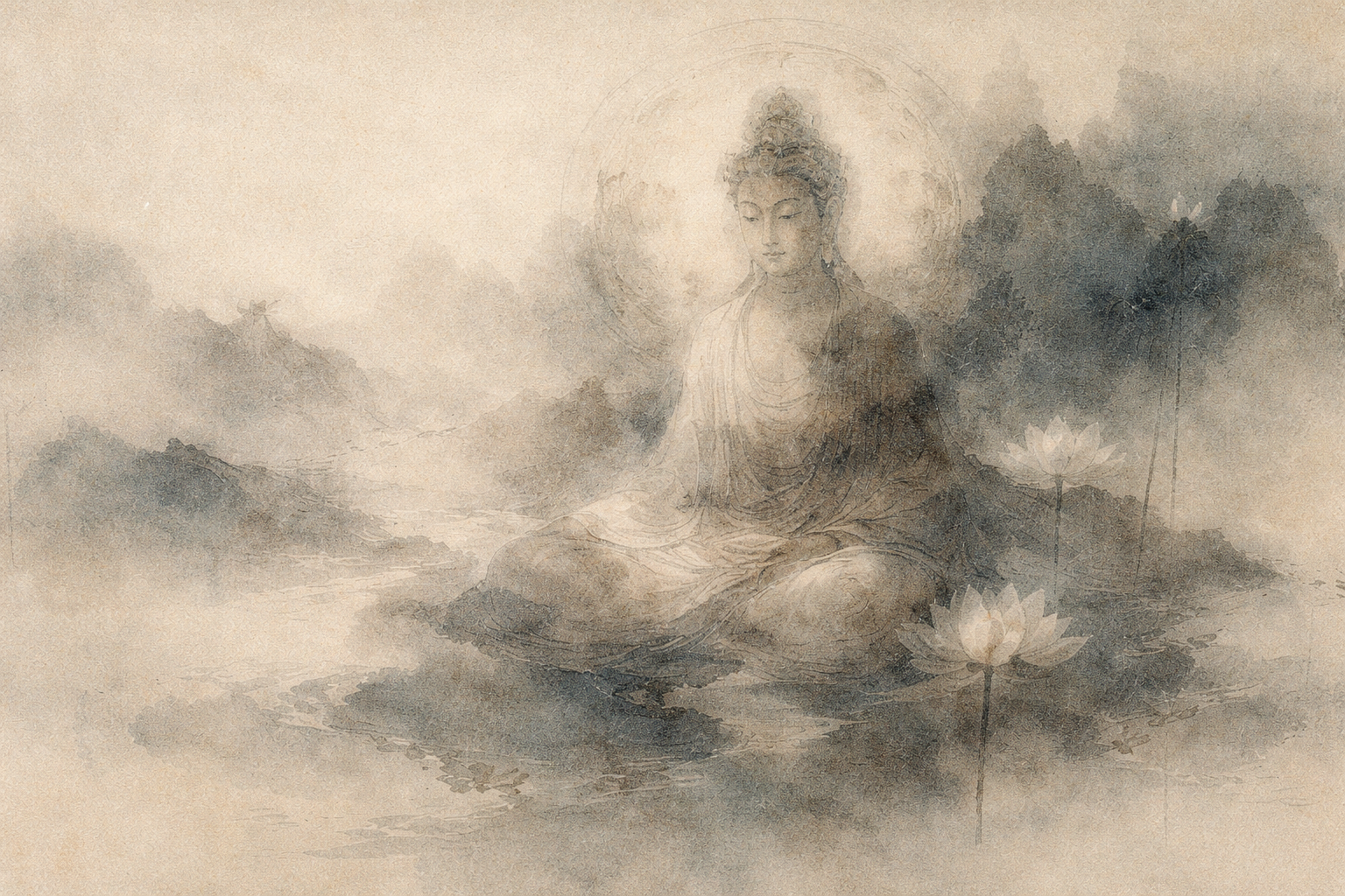 A serene Buddha figure seated in meditation among misty mountains and lotus flowers, symbolizing Emperor Kanishka and the Fourth Buddhist Council, which helped shape the development of Mahayana Buddhism.