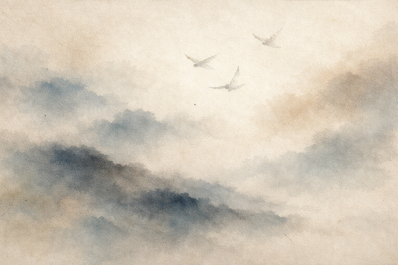 Minimalist watercolor sky with soft drifting clouds and three birds in flight, symbolizing freedom and the natural unfolding of karma beyond the idea of cosmic reward or punishment.